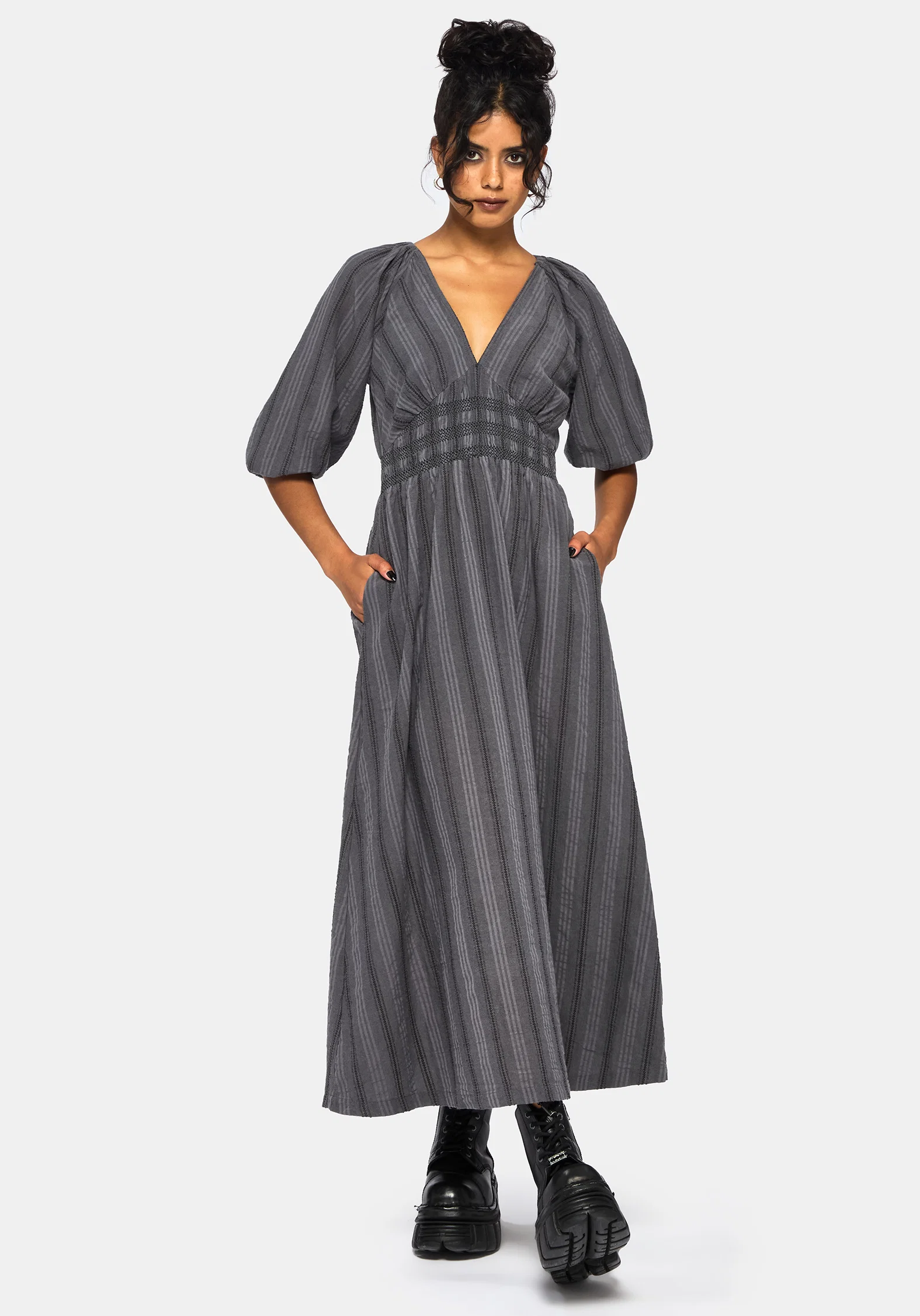 Grove Cotton Stripe Long Sleeve Shirred Tie Back Midaxi Dress