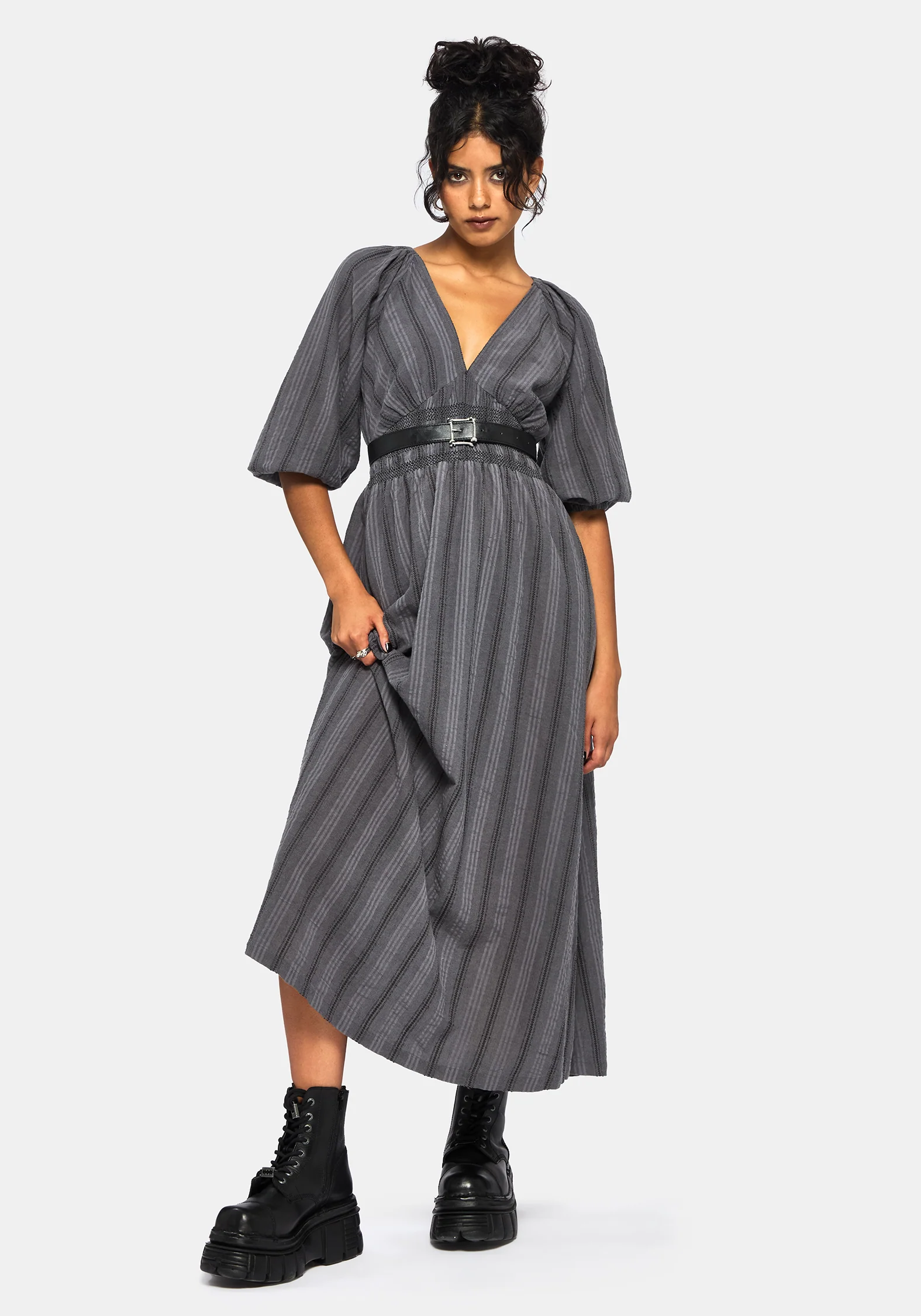 Grove Cotton Stripe Long Sleeve Shirred Tie Back Midaxi Dress - Image 4