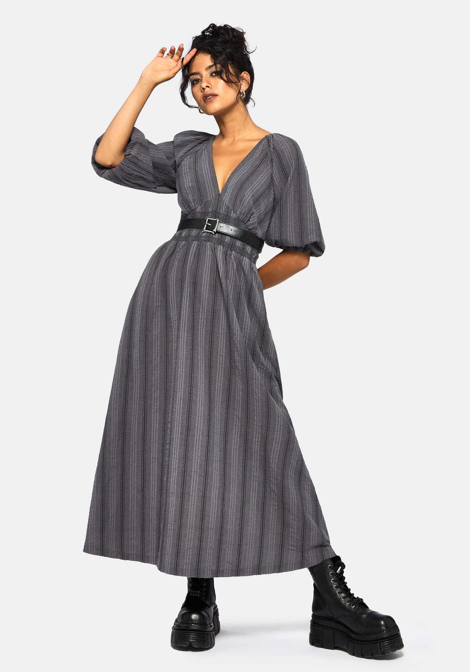 Grove Cotton Stripe Long Sleeve Shirred Tie Back Midaxi Dress - Image 5