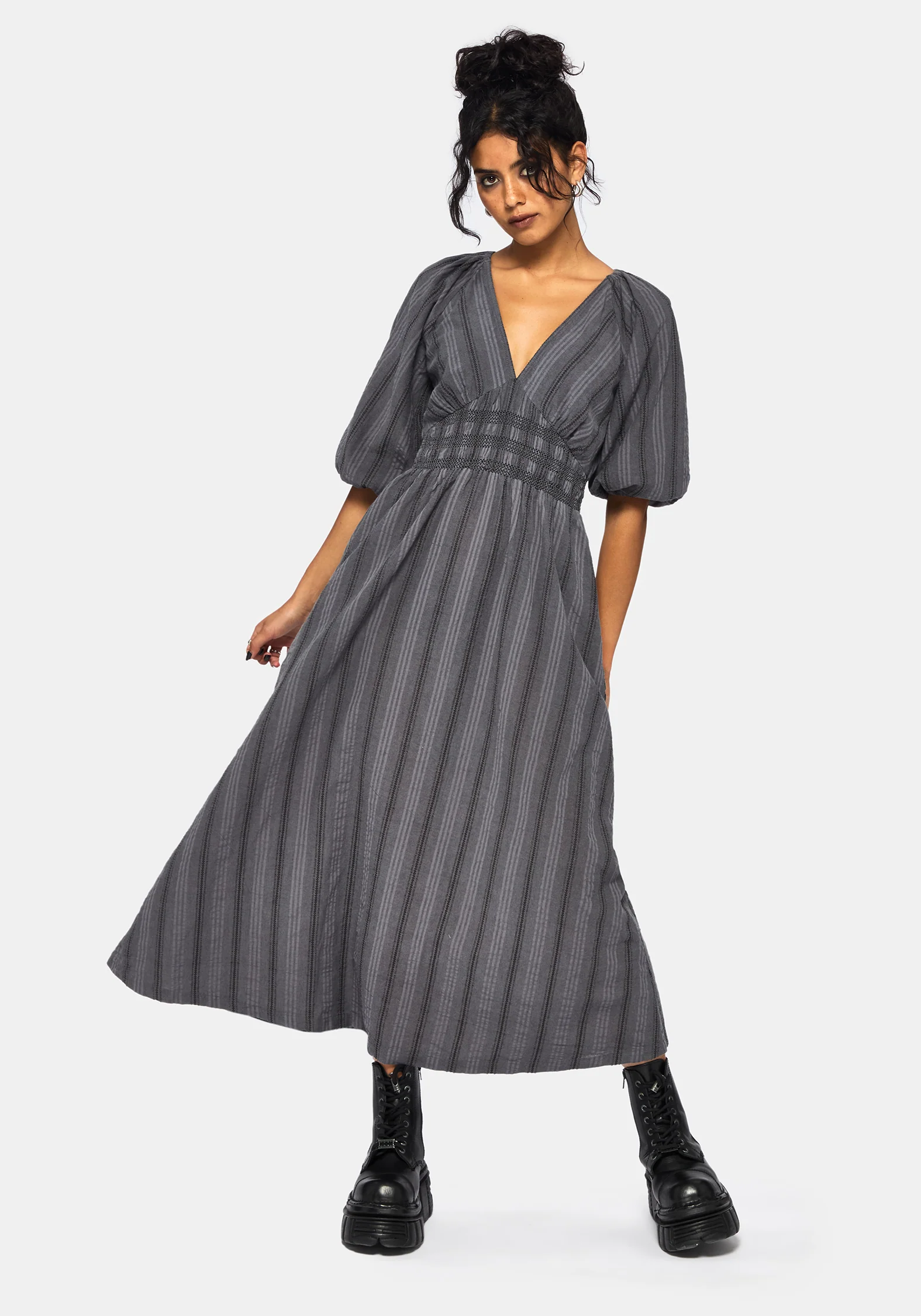 Grove Cotton Stripe Long Sleeve Shirred Tie Back Midaxi Dress - Image 6