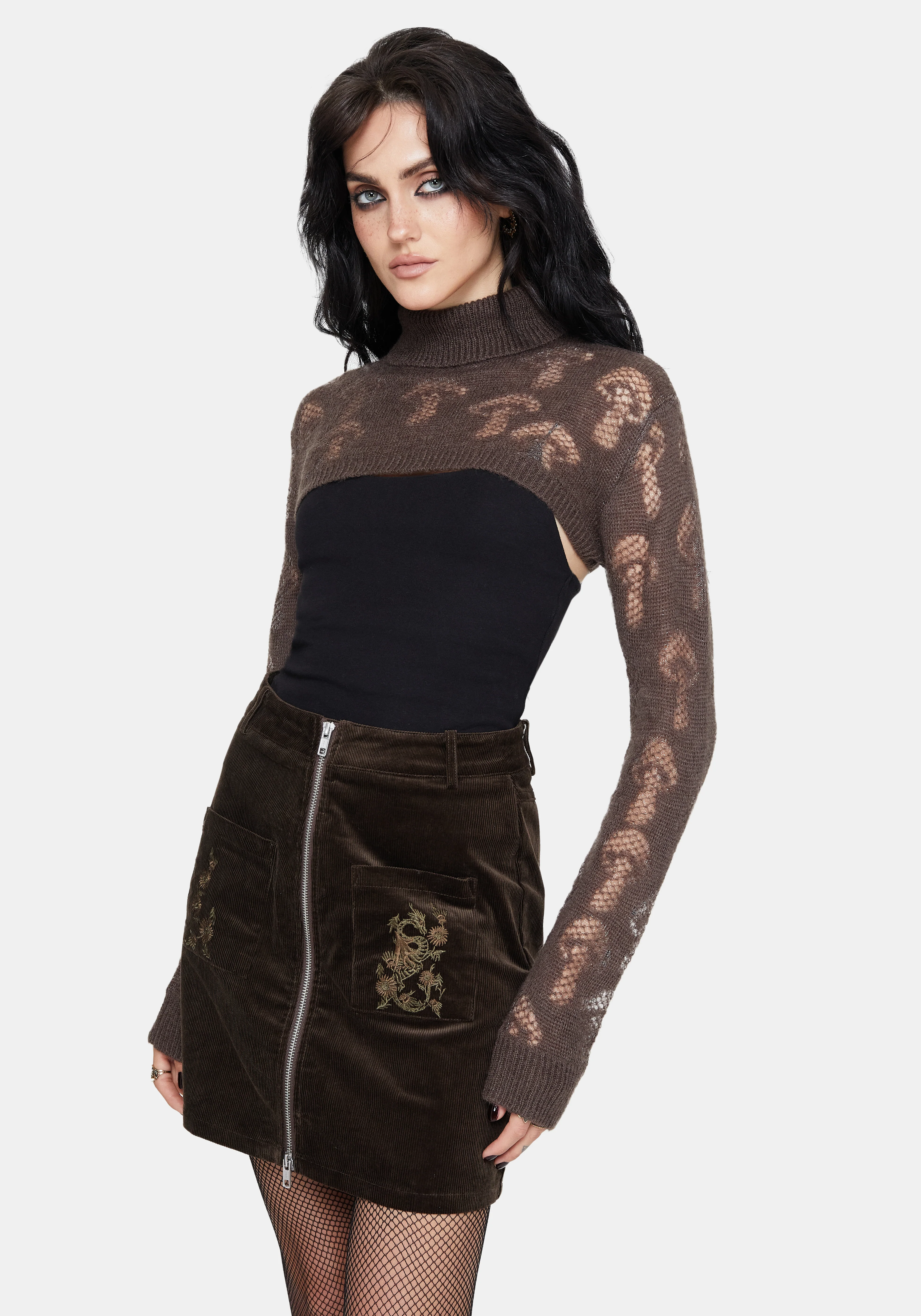 Harriet Mushroom Jacquard Extreme Crop Jumper - Taupe - Image 6