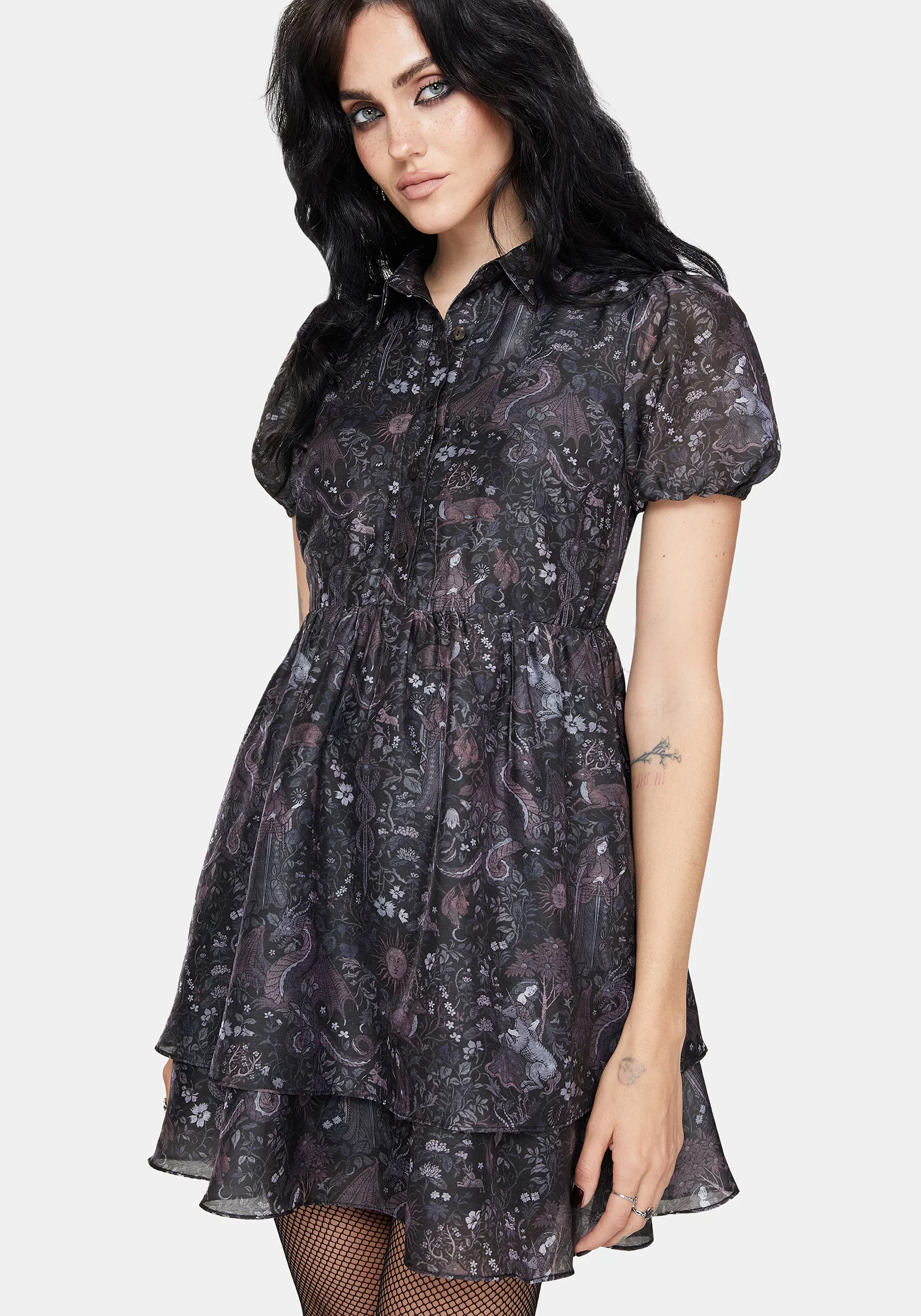 Haunt Medieval Print Chiffon Smocked Mini Dress - Image 5
