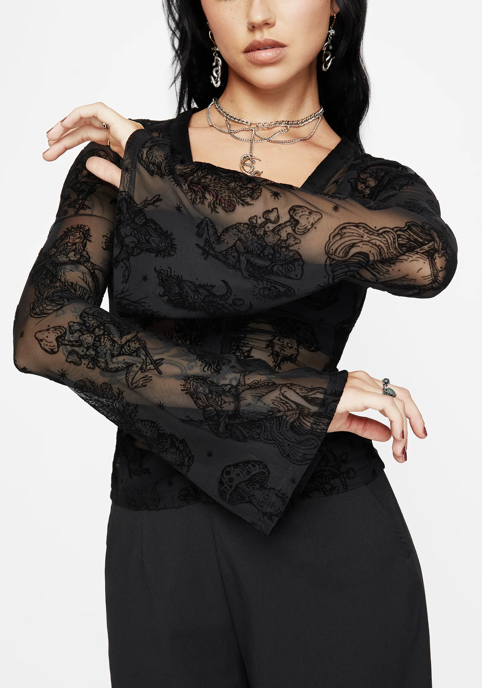 Hexborn Baba Yaga Flocked Button Down Mesh Top - Image 2