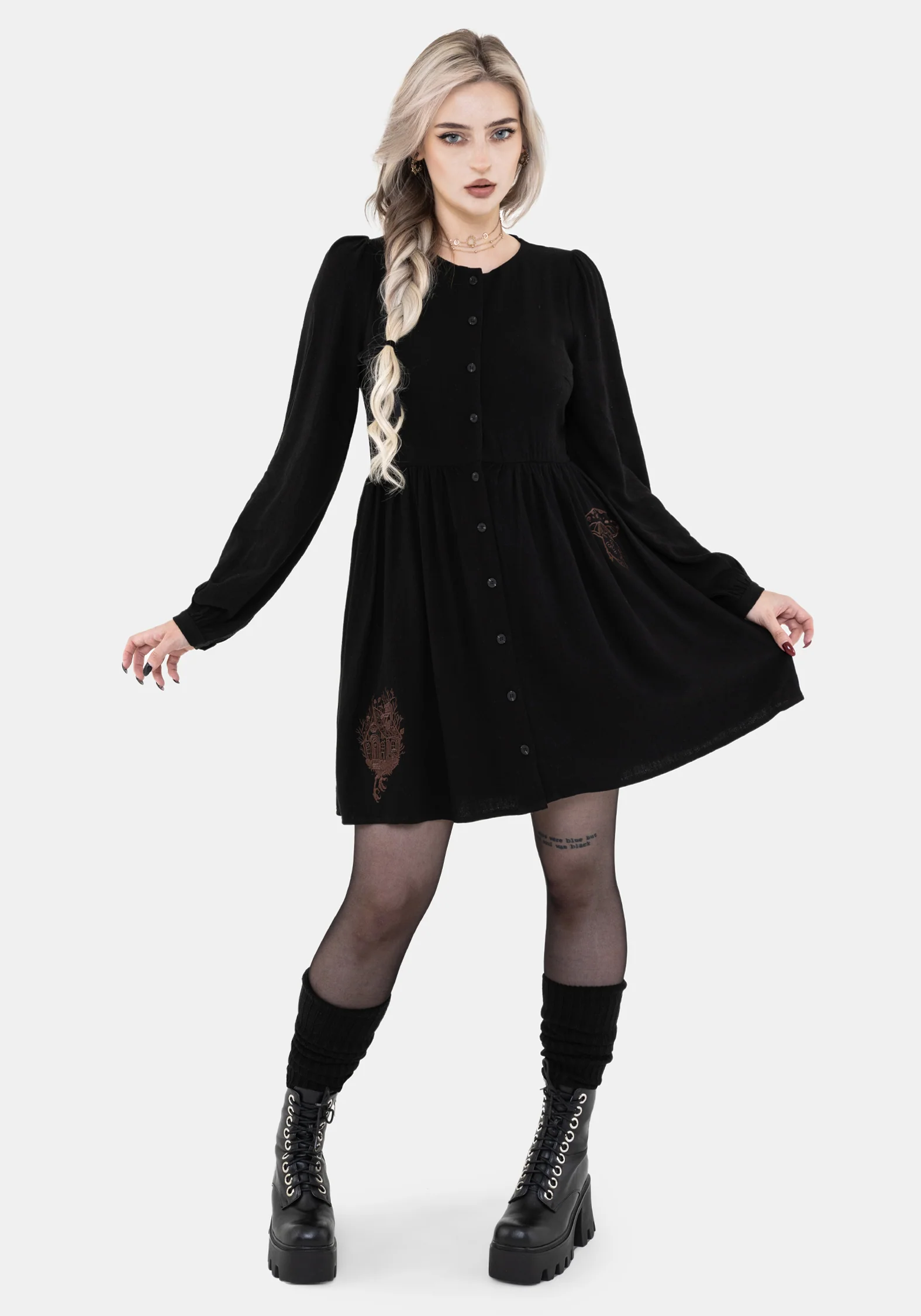 Hexborn Linen-Blend Baba Yaga Embroidered Long Sleeve Mini Dress - Image 4