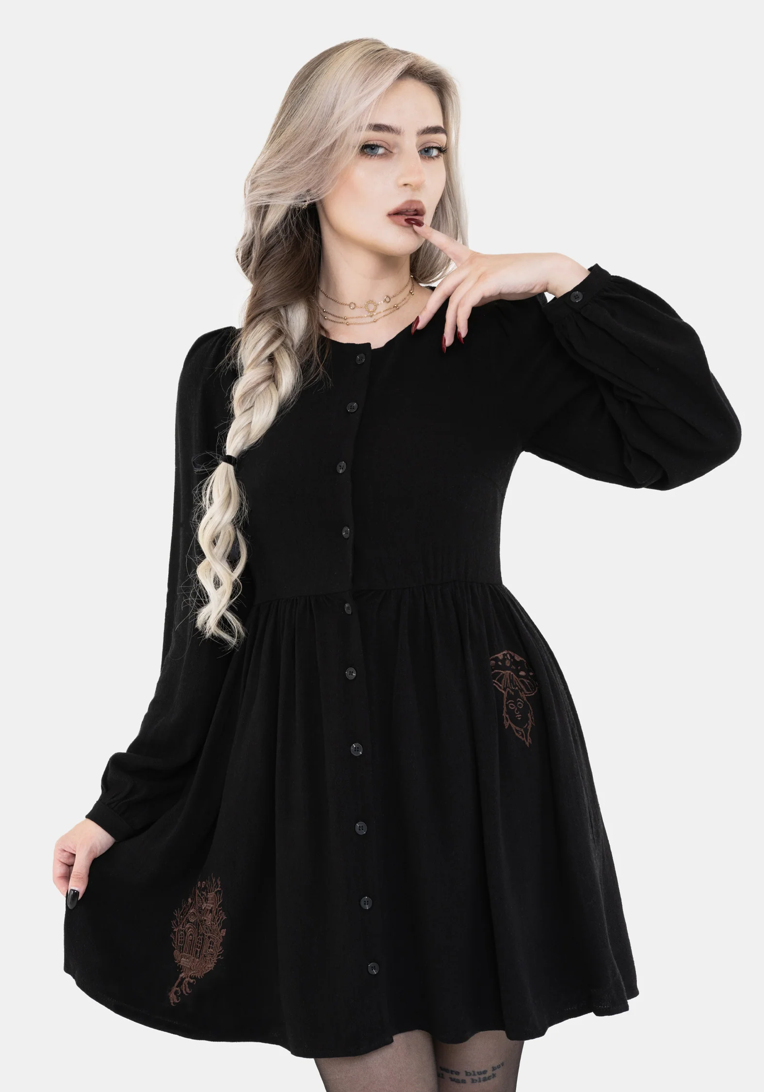 Hexborn Linen-Blend Baba Yaga Embroidered Long Sleeve Mini Dress - Image 6
