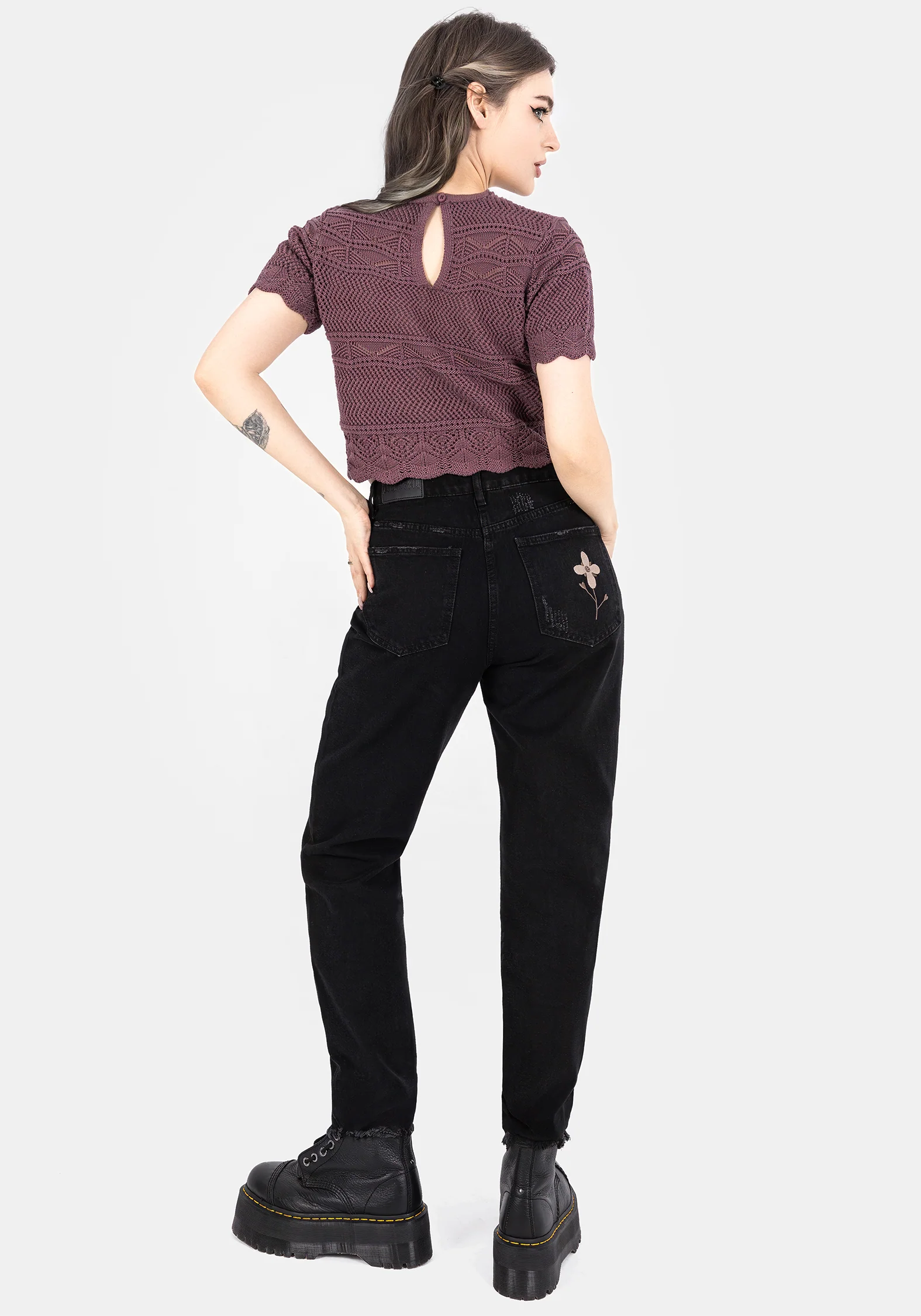 Hooked Pointelle Short Sleeve Crop Top - Purple - Image 3