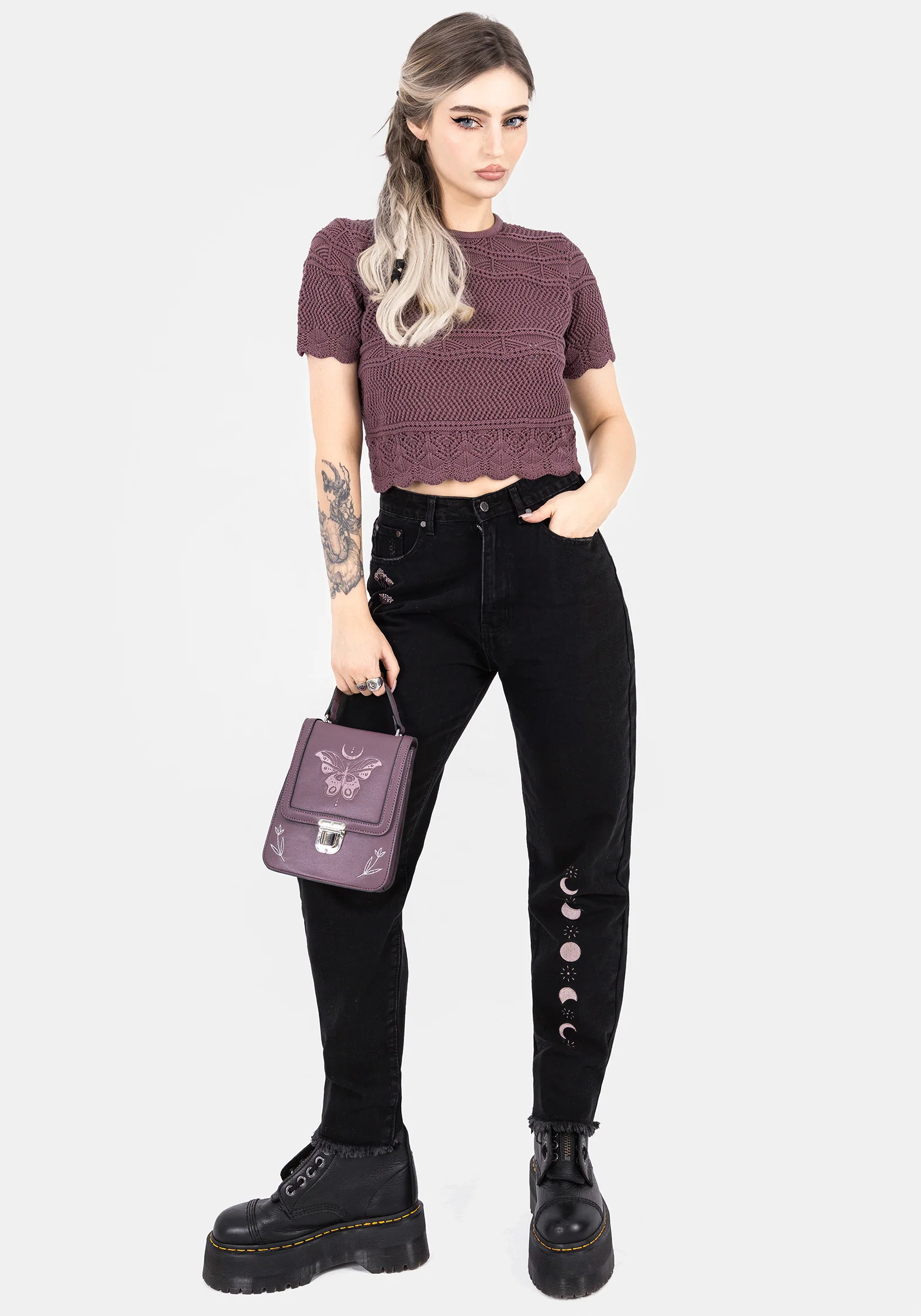 Hooked Pointelle Short Sleeve Crop Top - Purple - Image 4