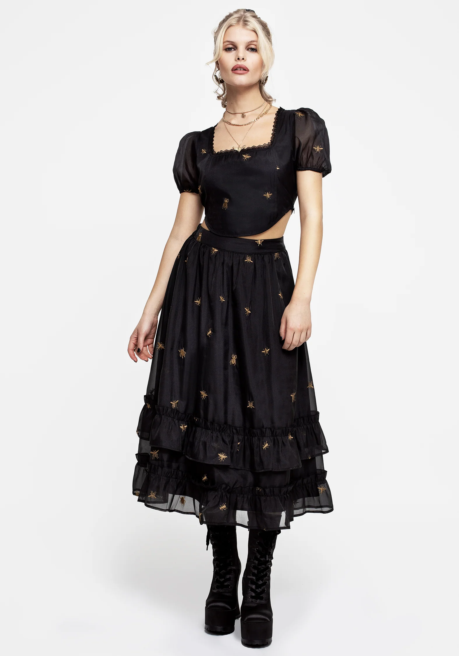 Insectarium Embroidered Organza Tiered Midi Skirt - Image 4