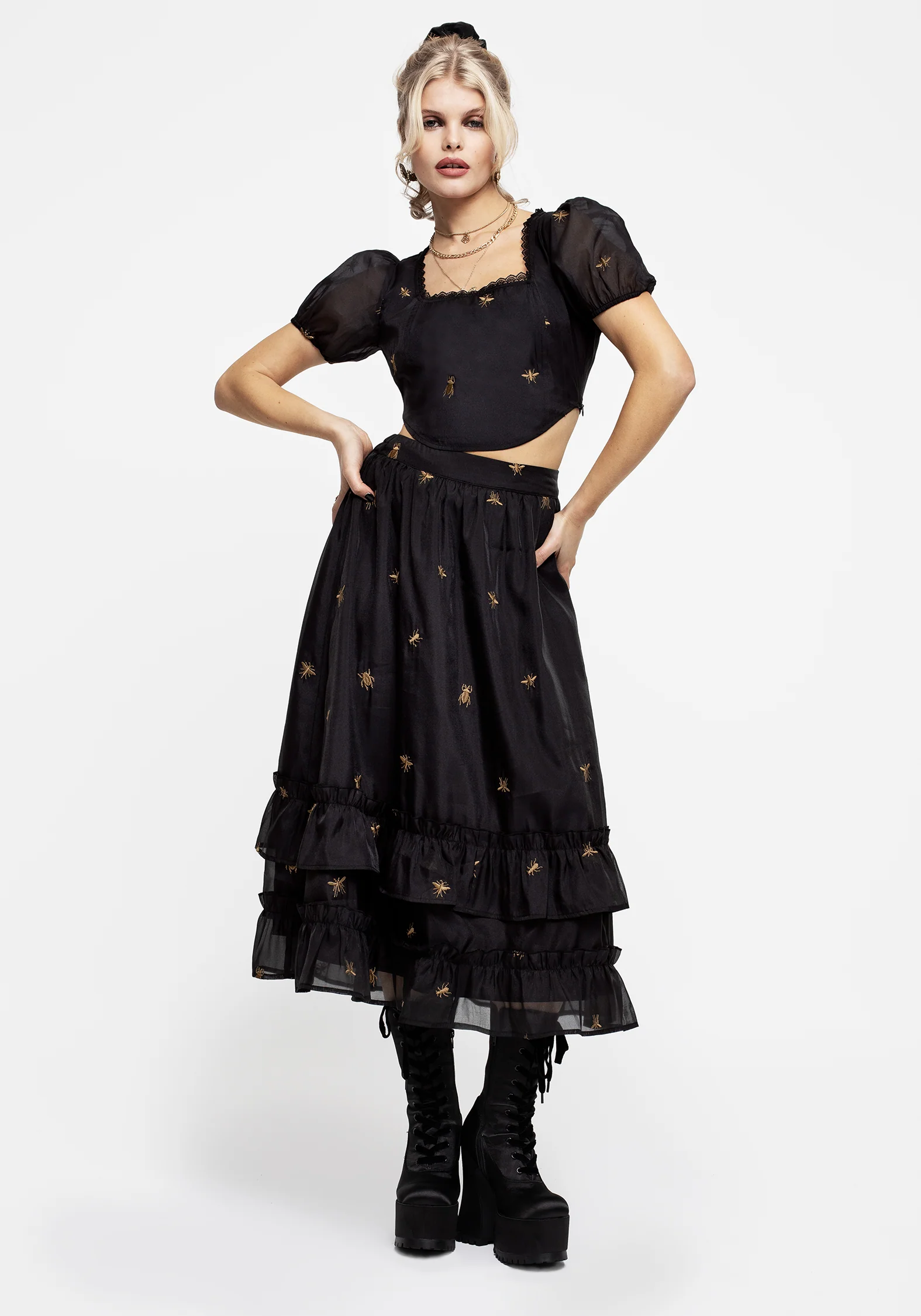 Insectarium Embroidered Organza Tiered Midi Skirt - Image 6