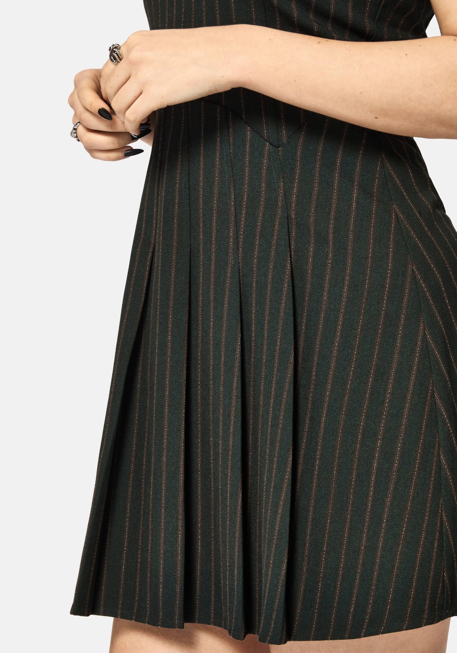 Kera Green Pinstripe Pleated Mini Dress - Image 2