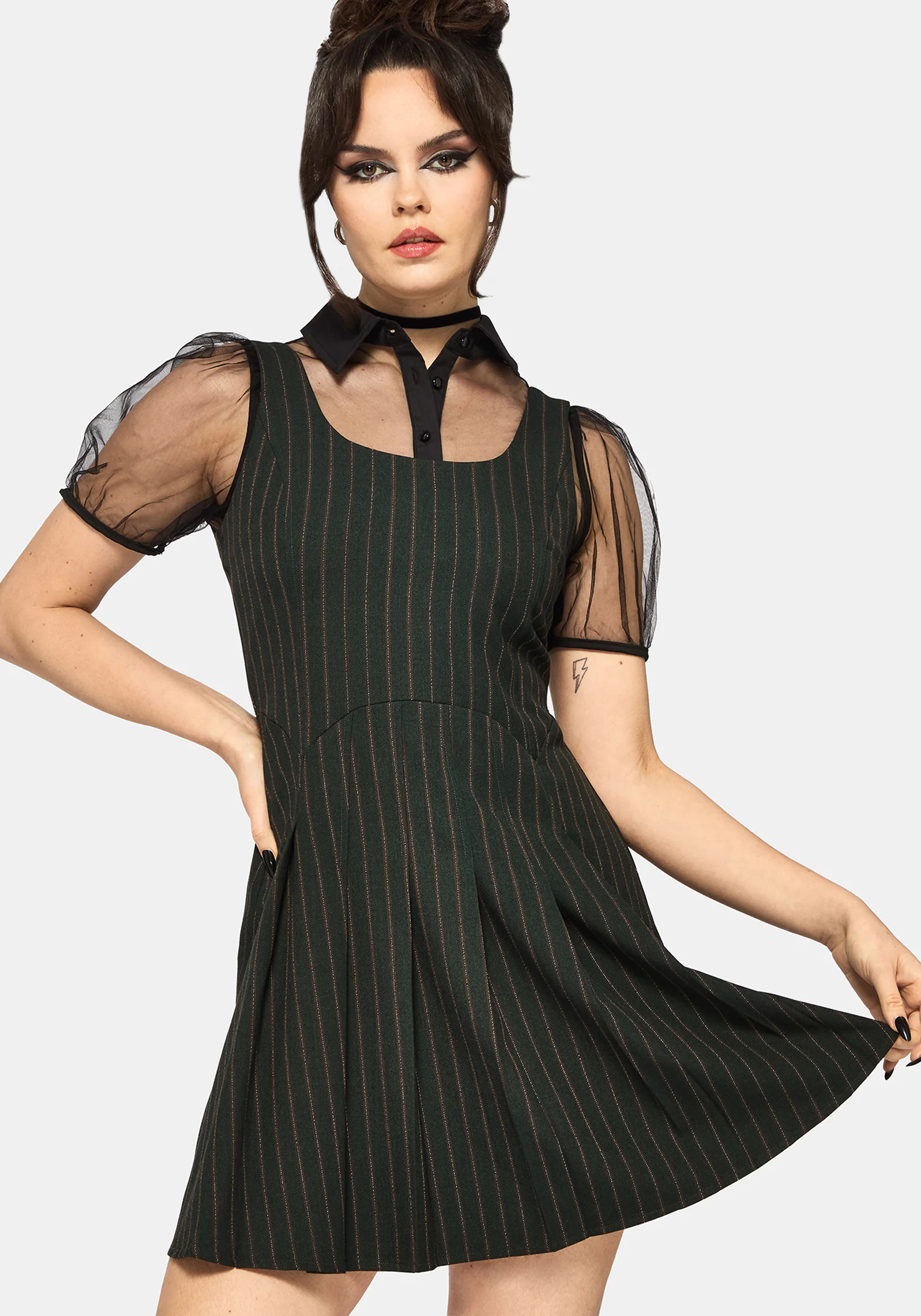 Kera Green Pinstripe Pleated Mini Dress - Image 4