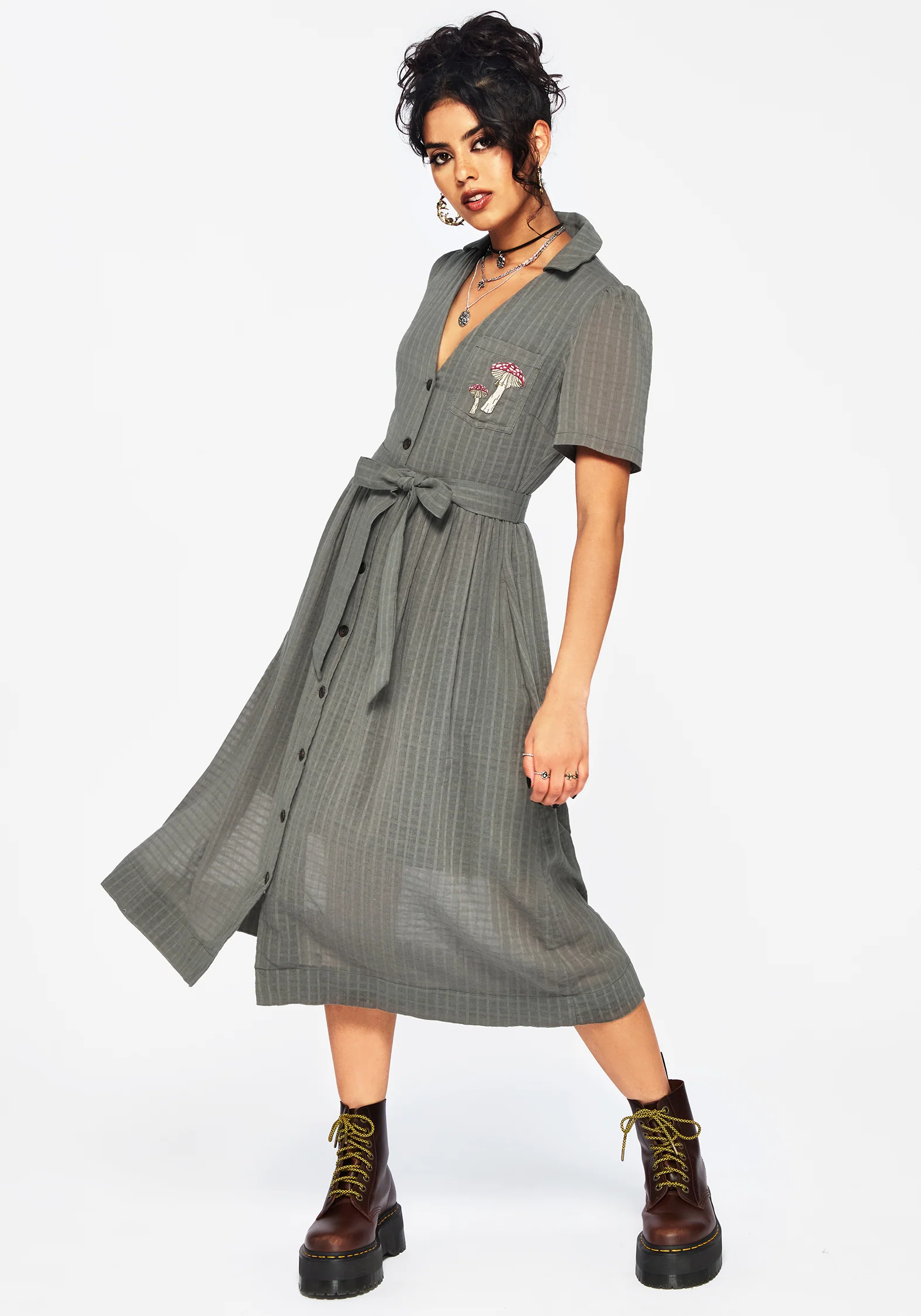 Koax Cotton Check Embroidered Button Up Midi Shirt Dress - Image 5