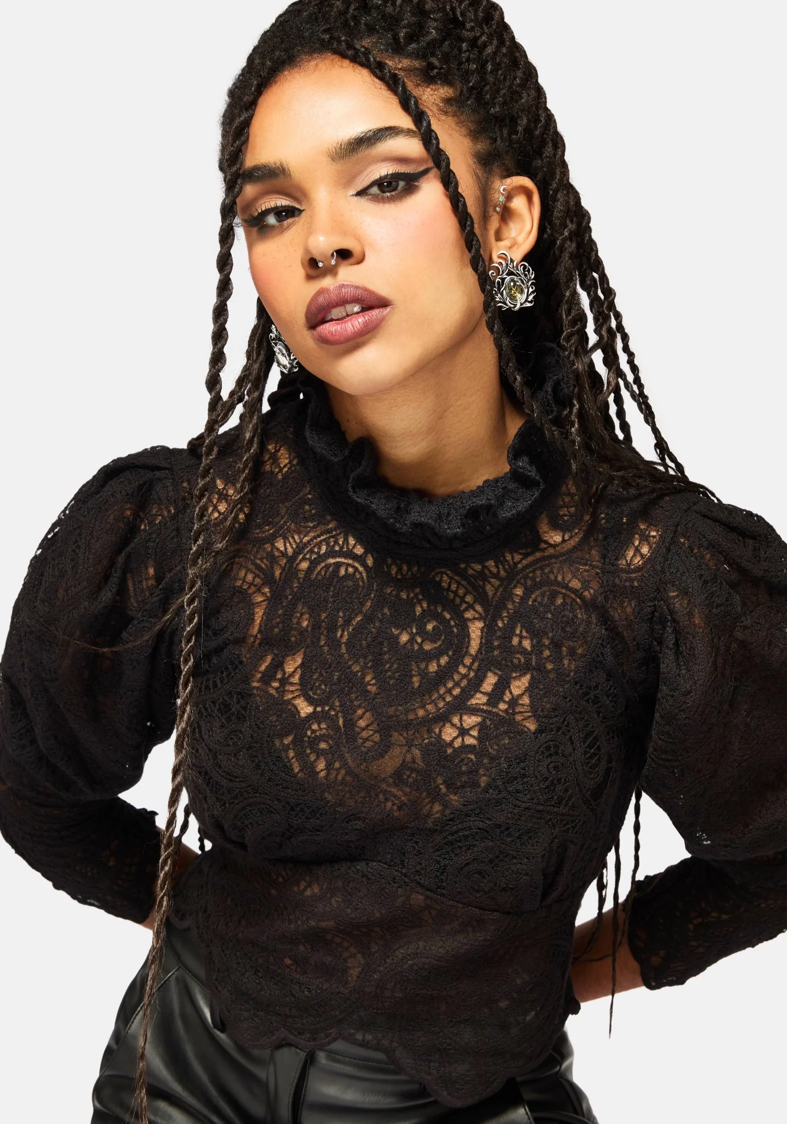 Lyra Lace Ruched High Neck Blouse - Black - Image 4