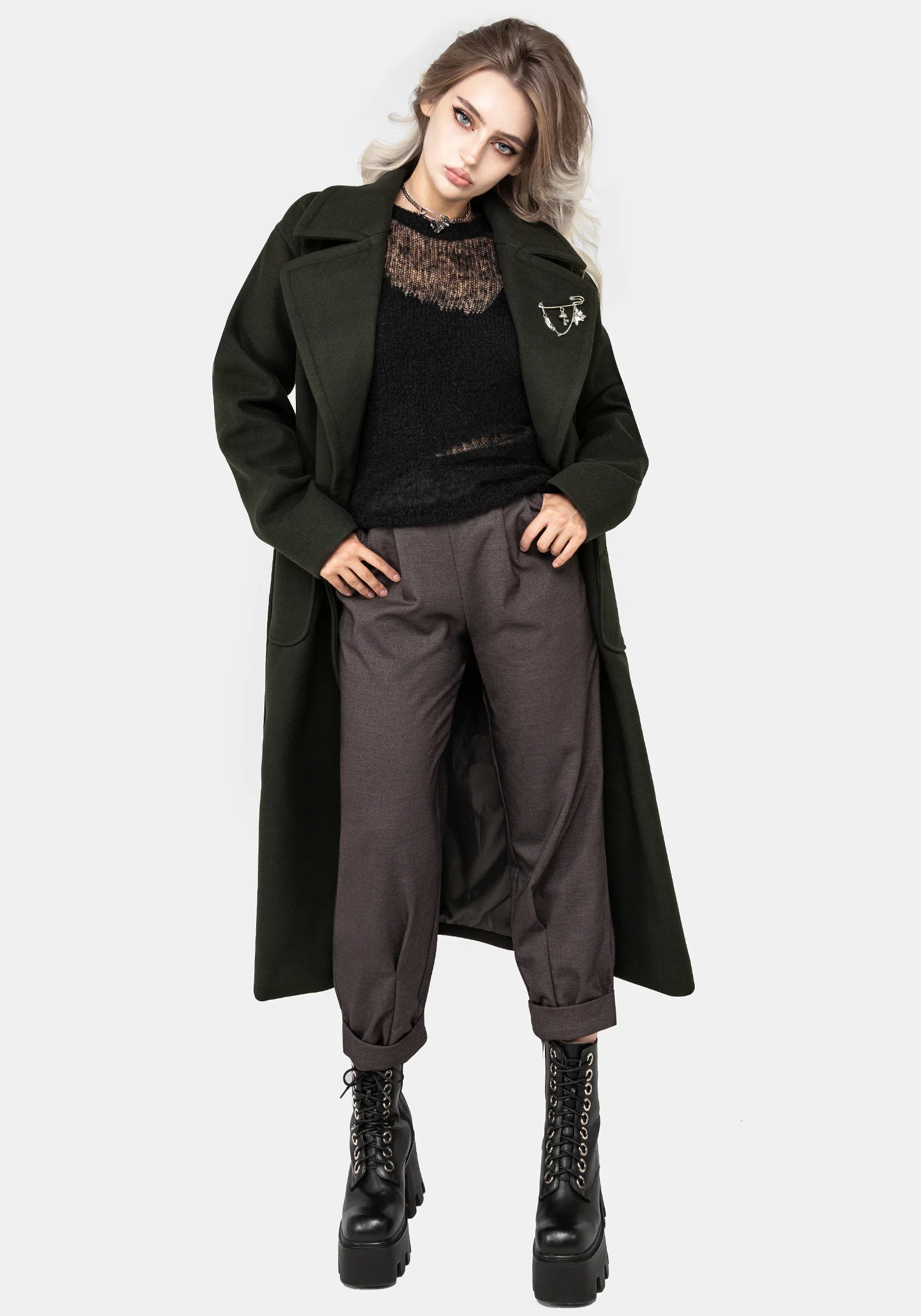 Meltdown Oversized Coat with Brooch - Green - Image 7