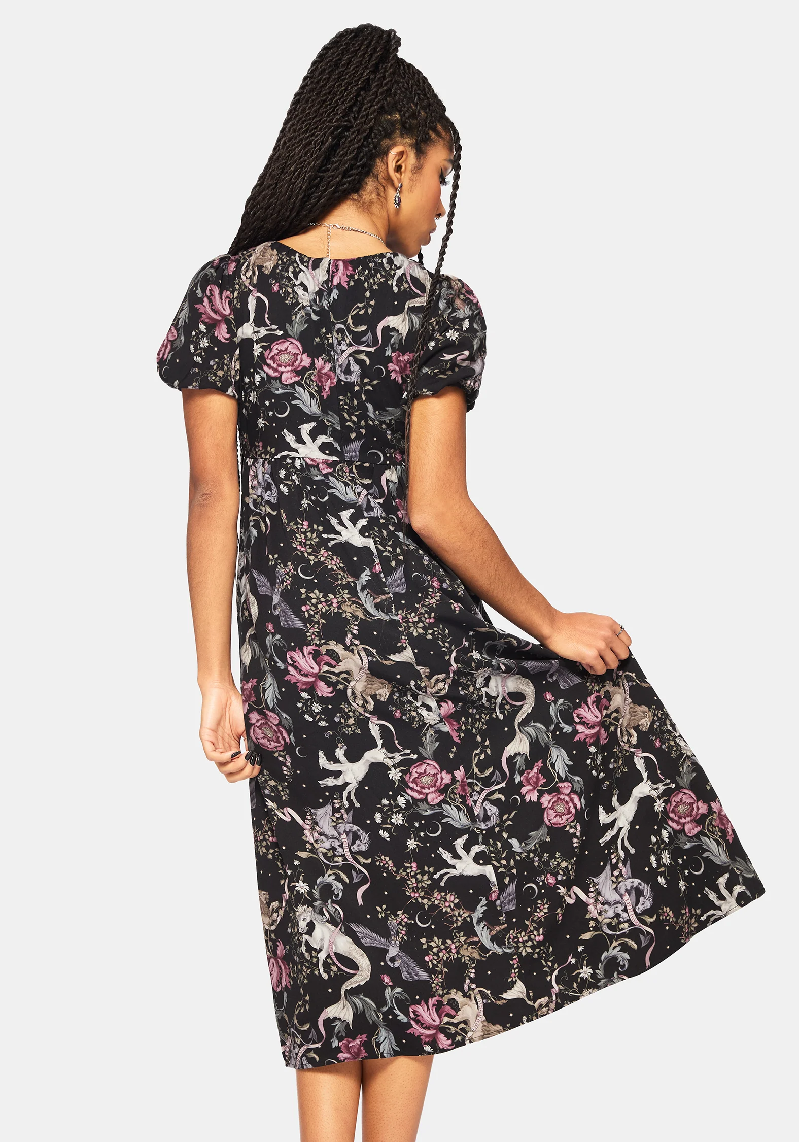 Merunicorn Enchanted Forest Print Puff Sleeve Midi Dress - Image 3