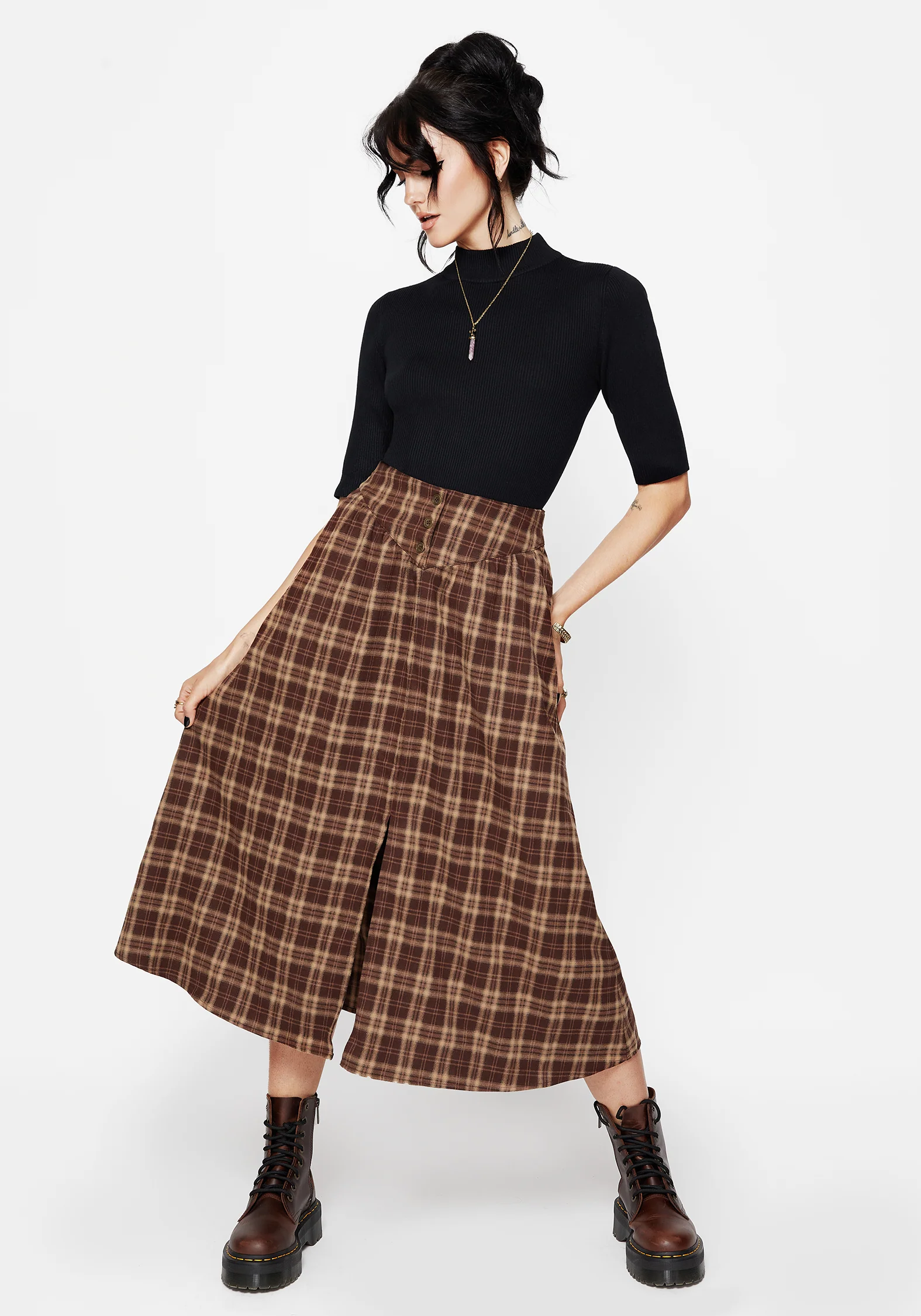 Milo Check Button Down Front Split Midi Skirt - Image 5
