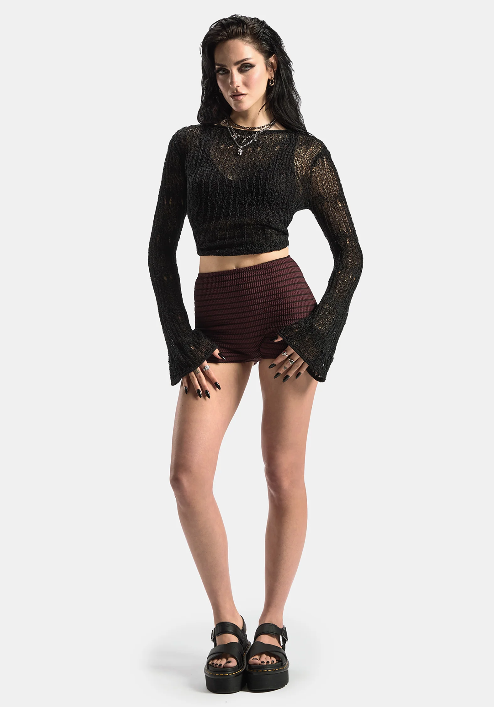 Mire Stripe High Waist Swim Shorts - Burgundy - Image 3