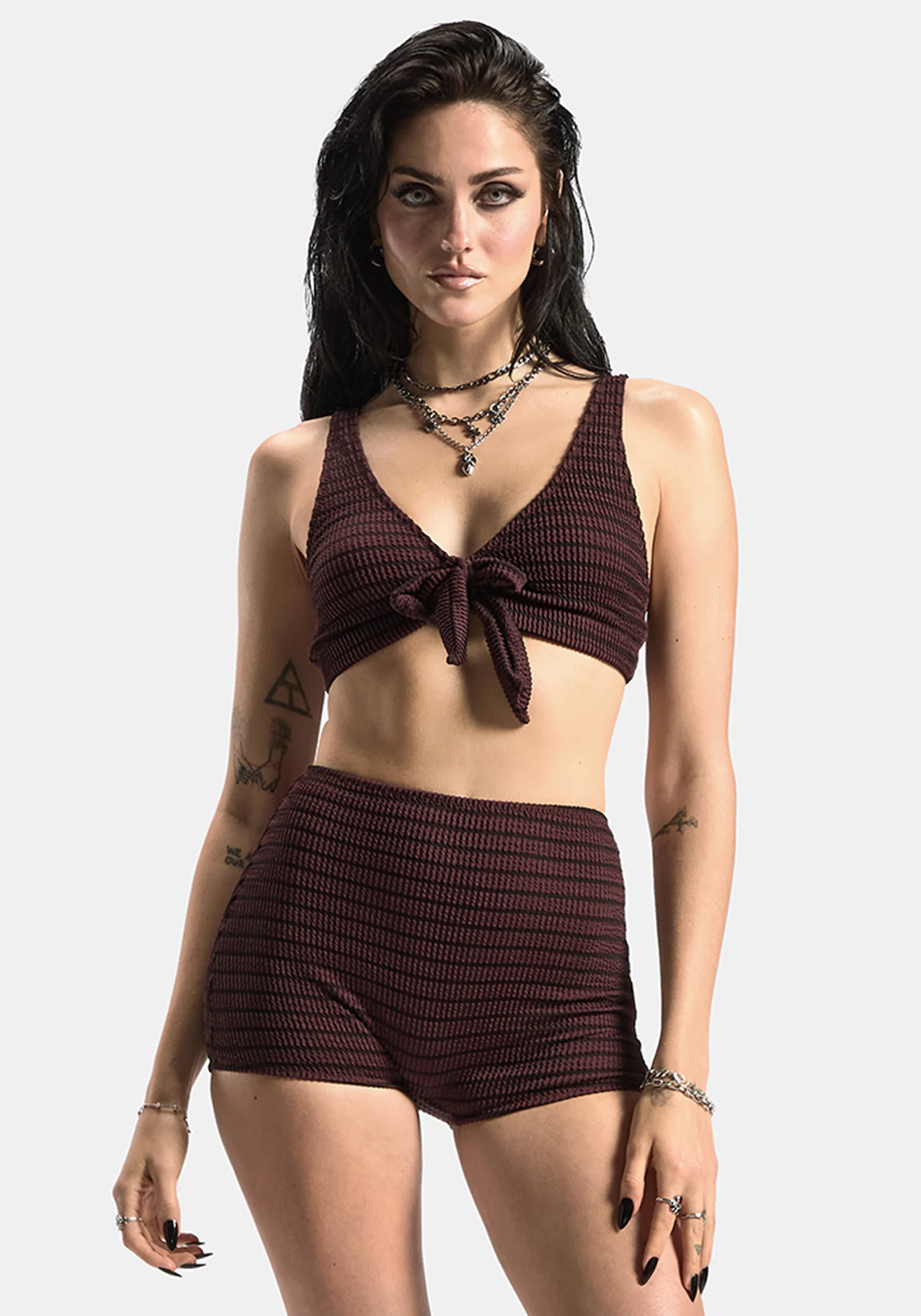 Mire Stripe High Waist Swim Shorts - Burgundy - Image 5