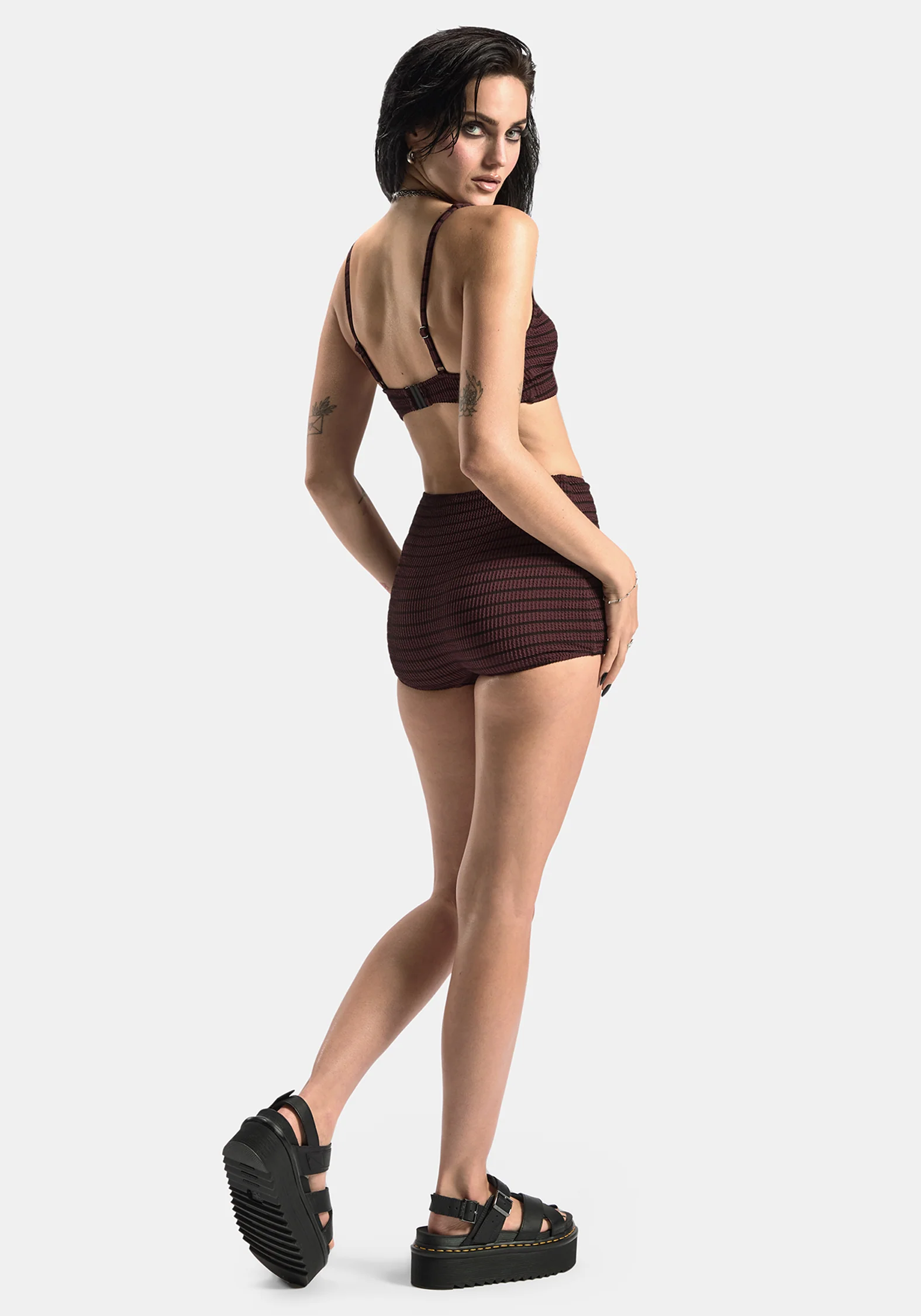 Mire Stripe High Waist Swim Shorts - Burgundy - Image 7