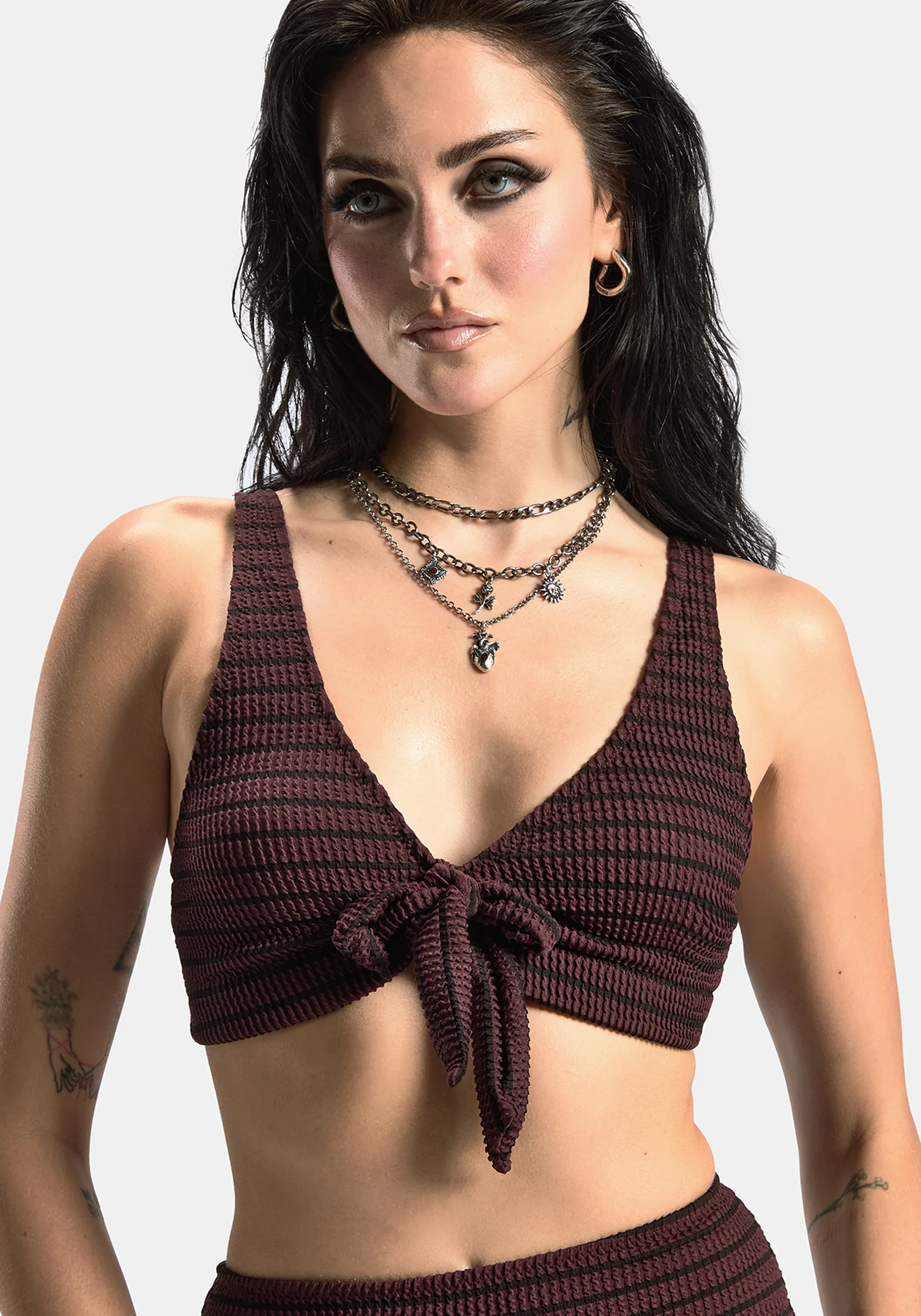 Mire Stripe Tie Detail Bikini Top - Burgundy - Image 4