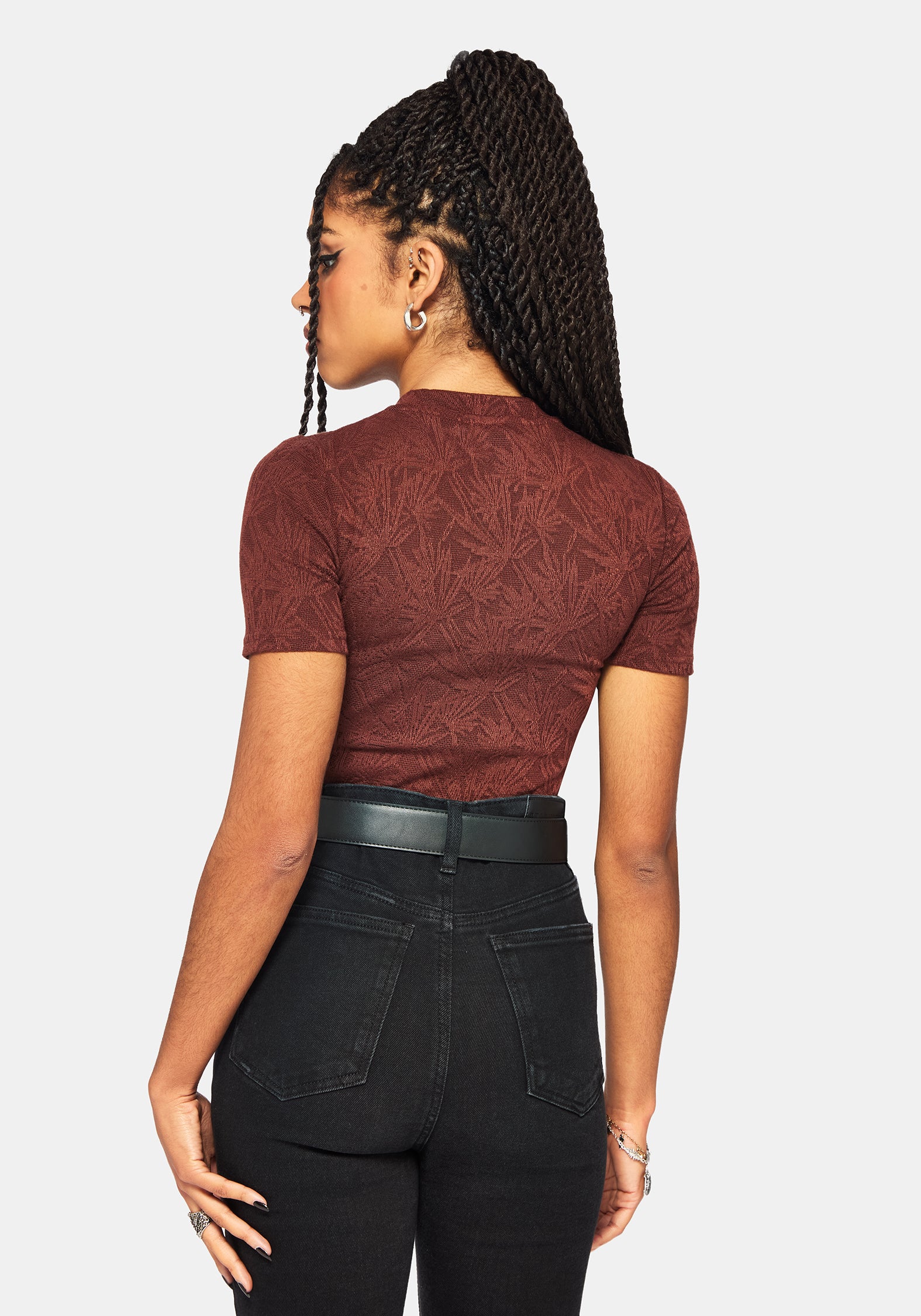 Moiren Brown Knit Short Sleeved Crop Top - Image 3