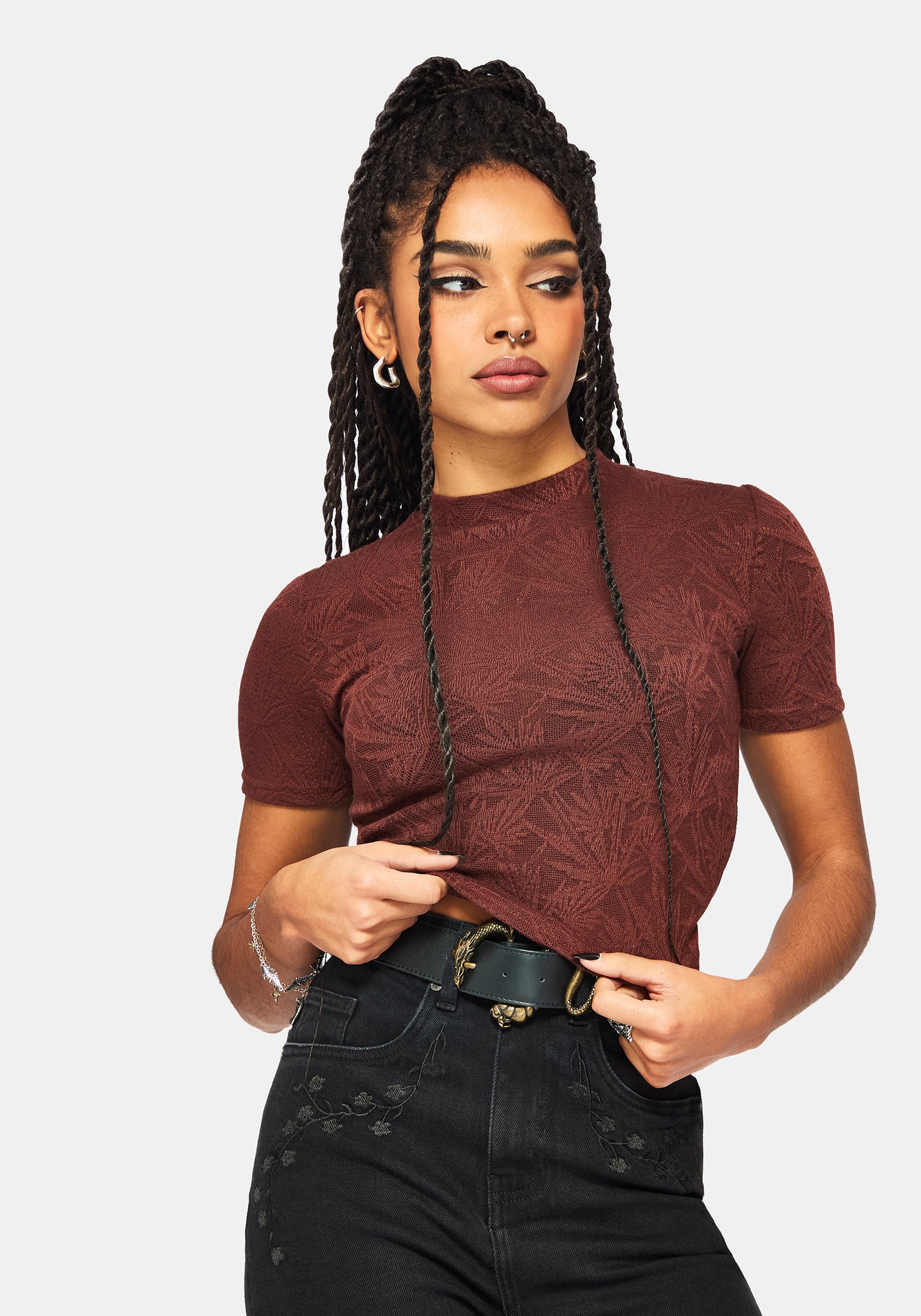Moiren Brown Knit Short Sleeved Crop Top - Image 4