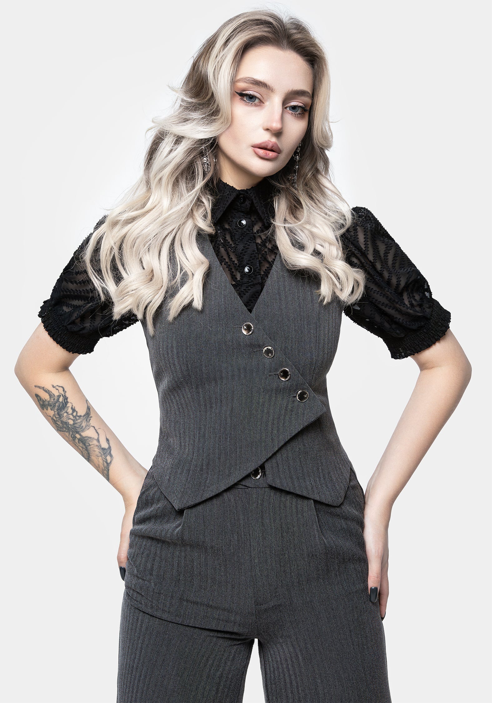 Moonage Herringbone Asymmetric Waistcoat - Grey - Image 7