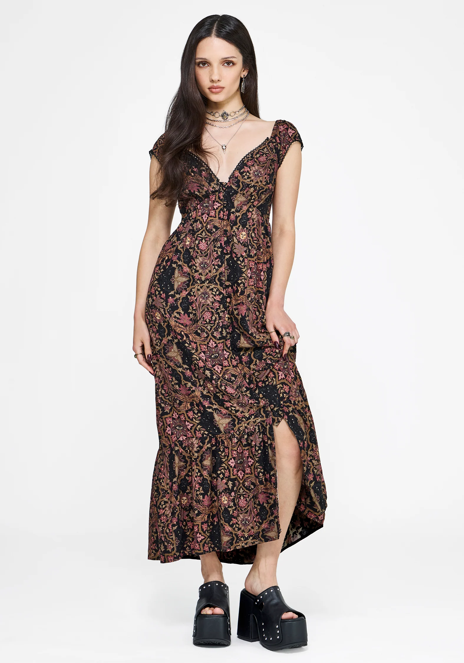 Mythos Print Milkmaid Smock Midaxi Dress - Image 4