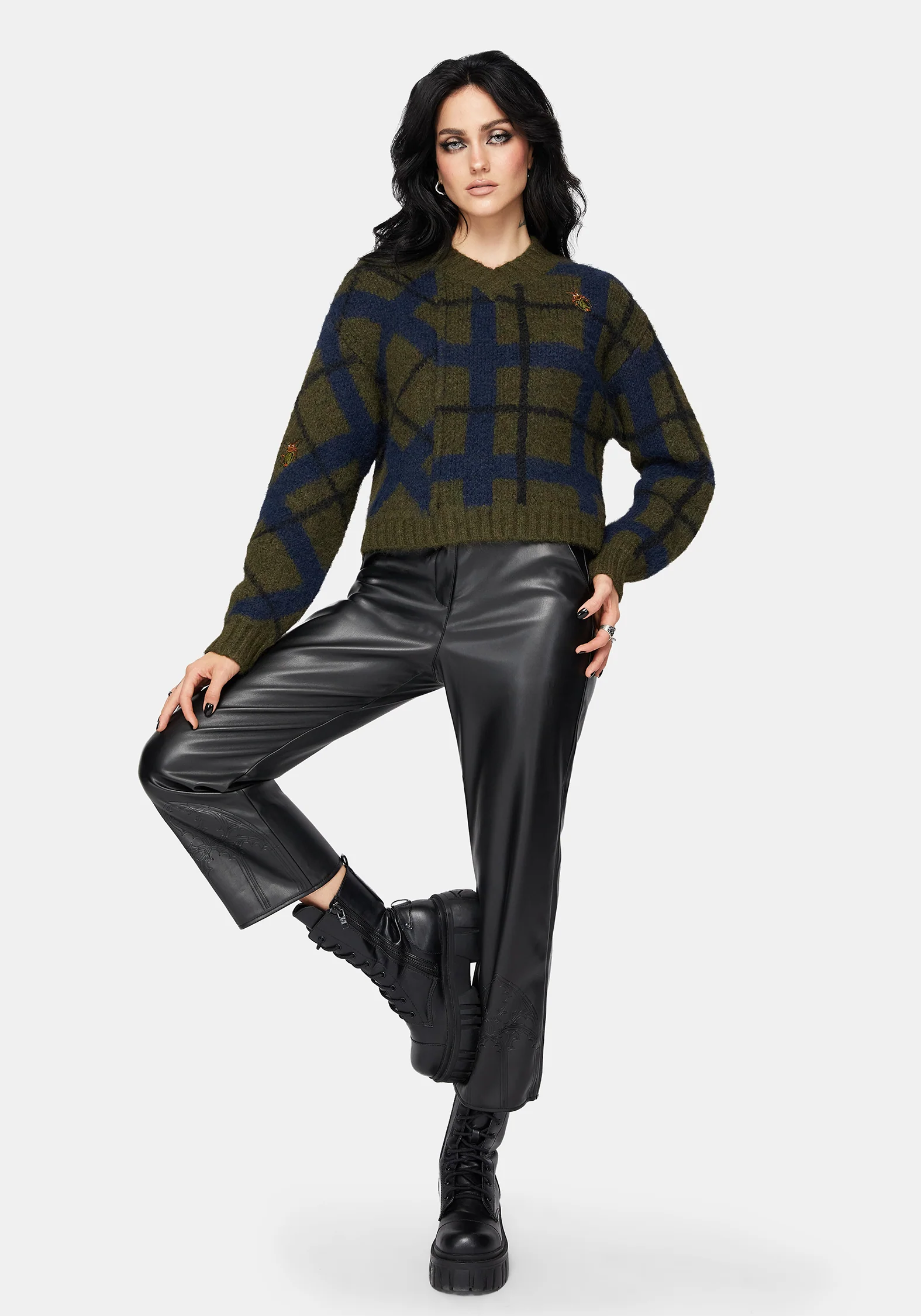 Nelly Spliced Check Bug Jacquard Cropped Knit Jumper - Image 5