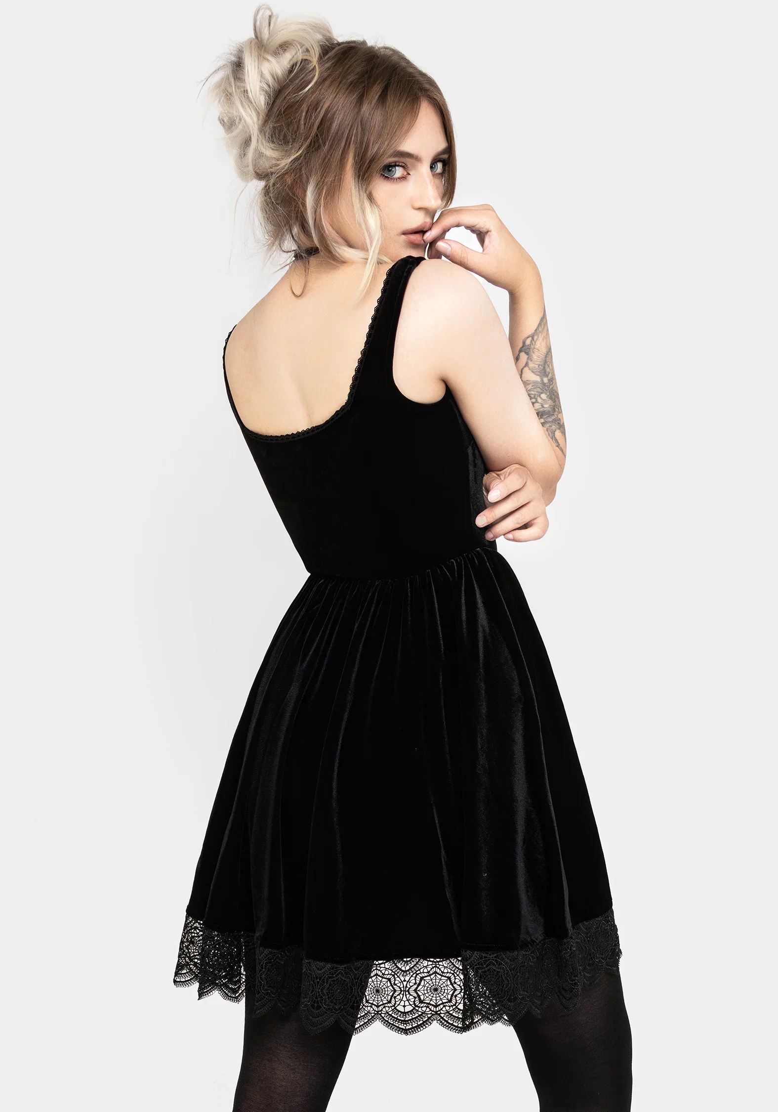 Orbweb Lace Hem Velour Mini Dress - Image 4