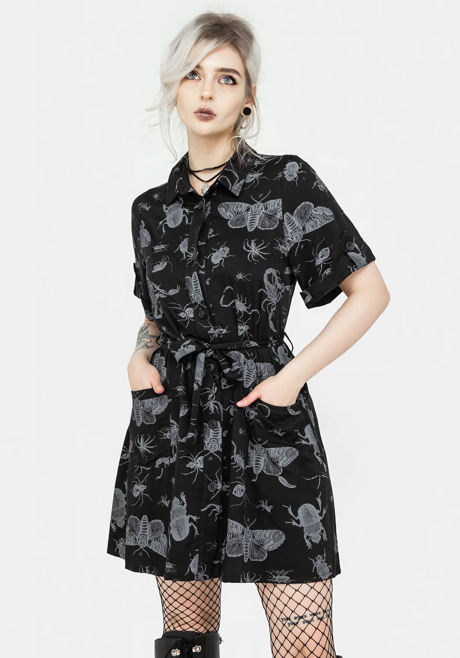 Parasite Bugs Short Sleeve Mini Shirt Dress - Black - Image 4