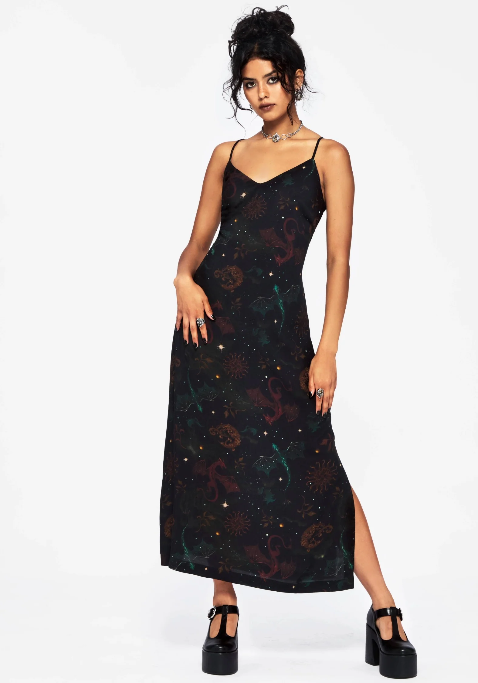 Phoenix Dragon Printed Cami Midi Dress