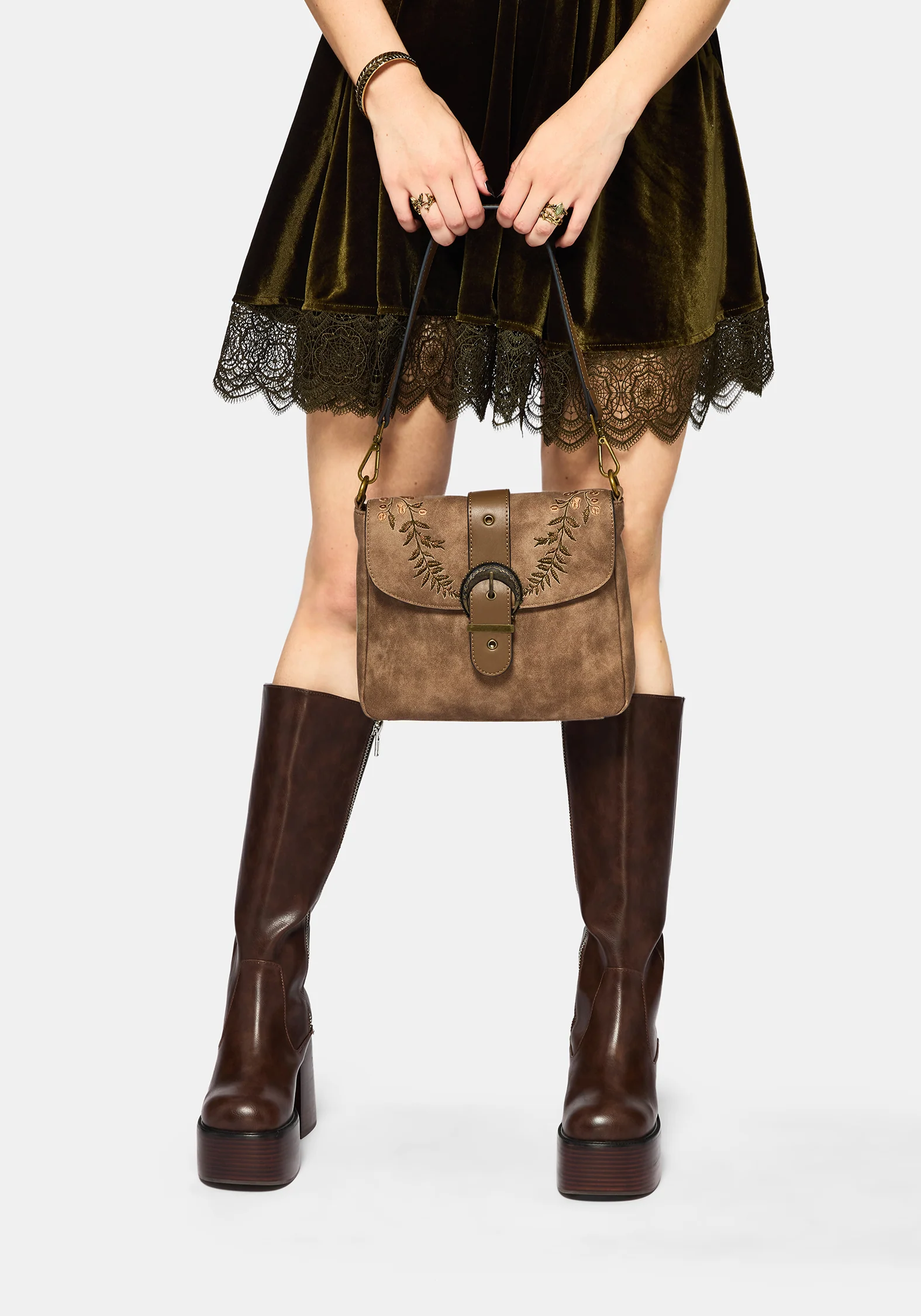 Physis Faux Suede Fern Embroidered Shoulder Bag - Image 5