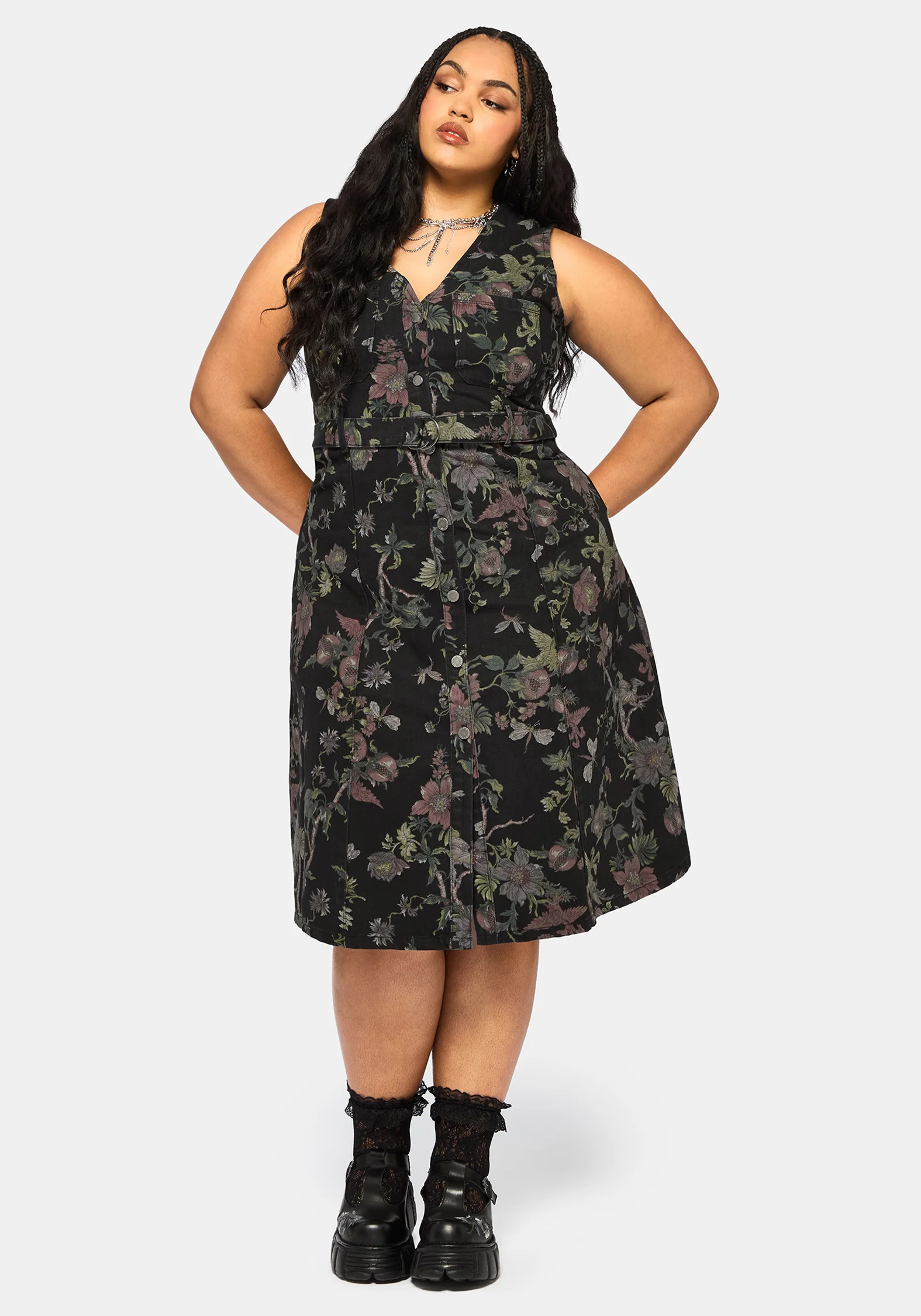 Poison Eden Print Denim Midi Dress - Image 6