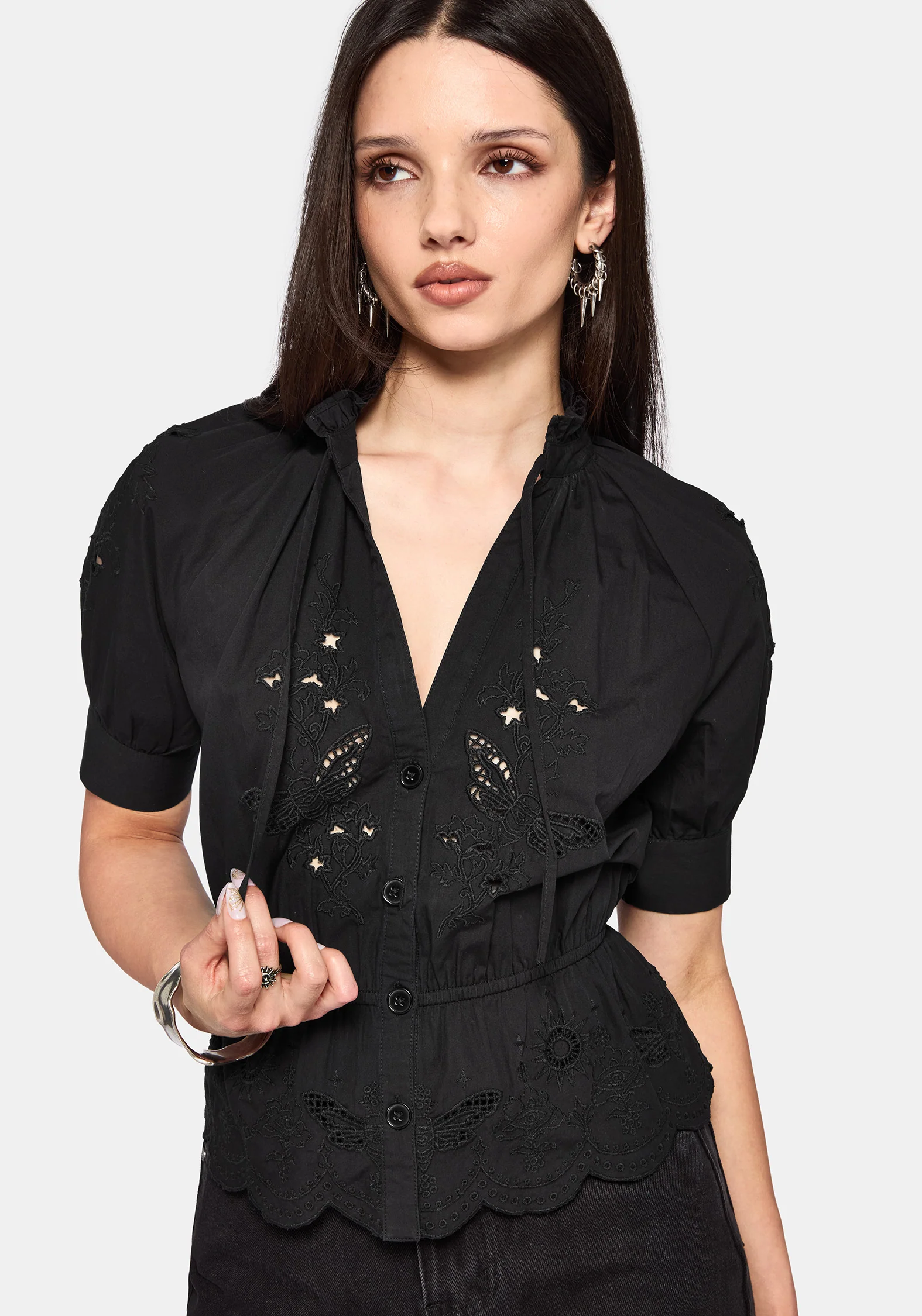 Posy Embroidered Tie Neck Blouse - Image 2