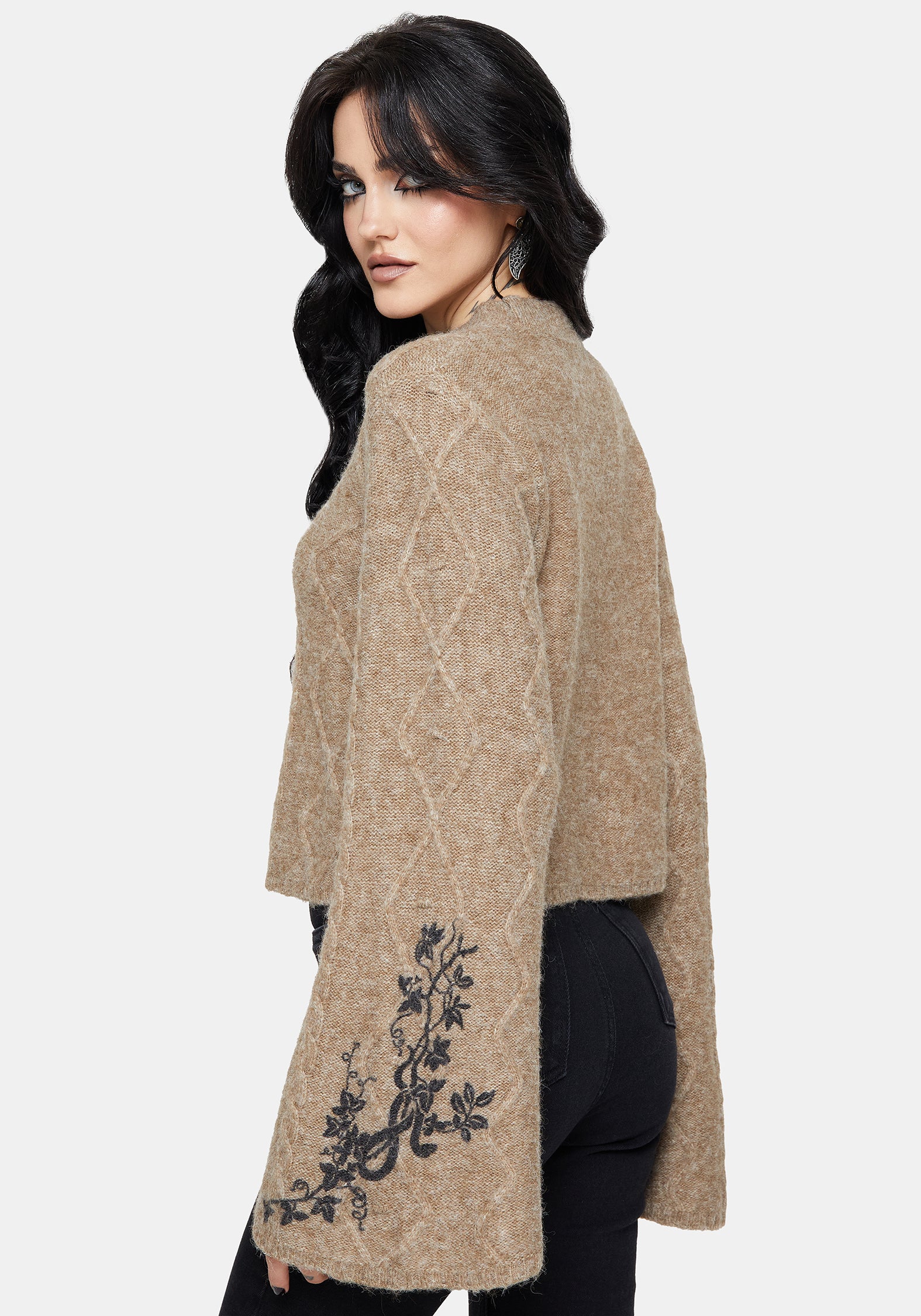 Ravelle Cotton Floral Printed Flare Cable Knit Jumper - Image 3