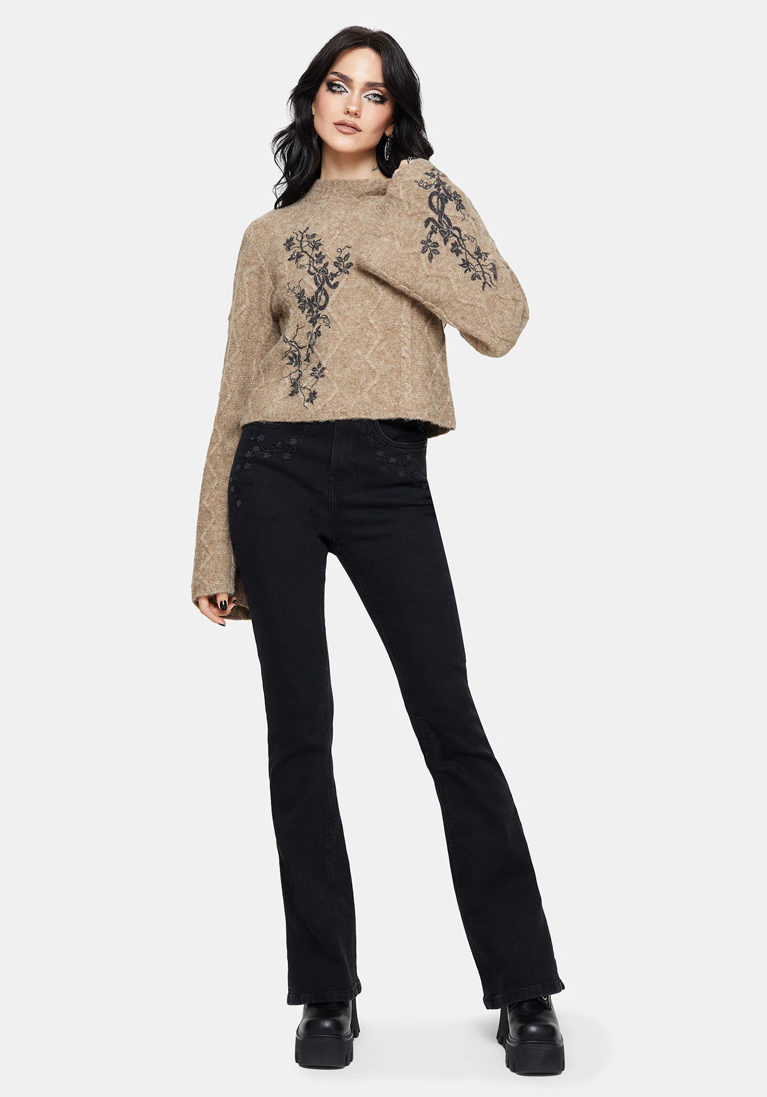 Ravelle Cotton Floral Printed Flare Cable Knit Jumper - Image 4