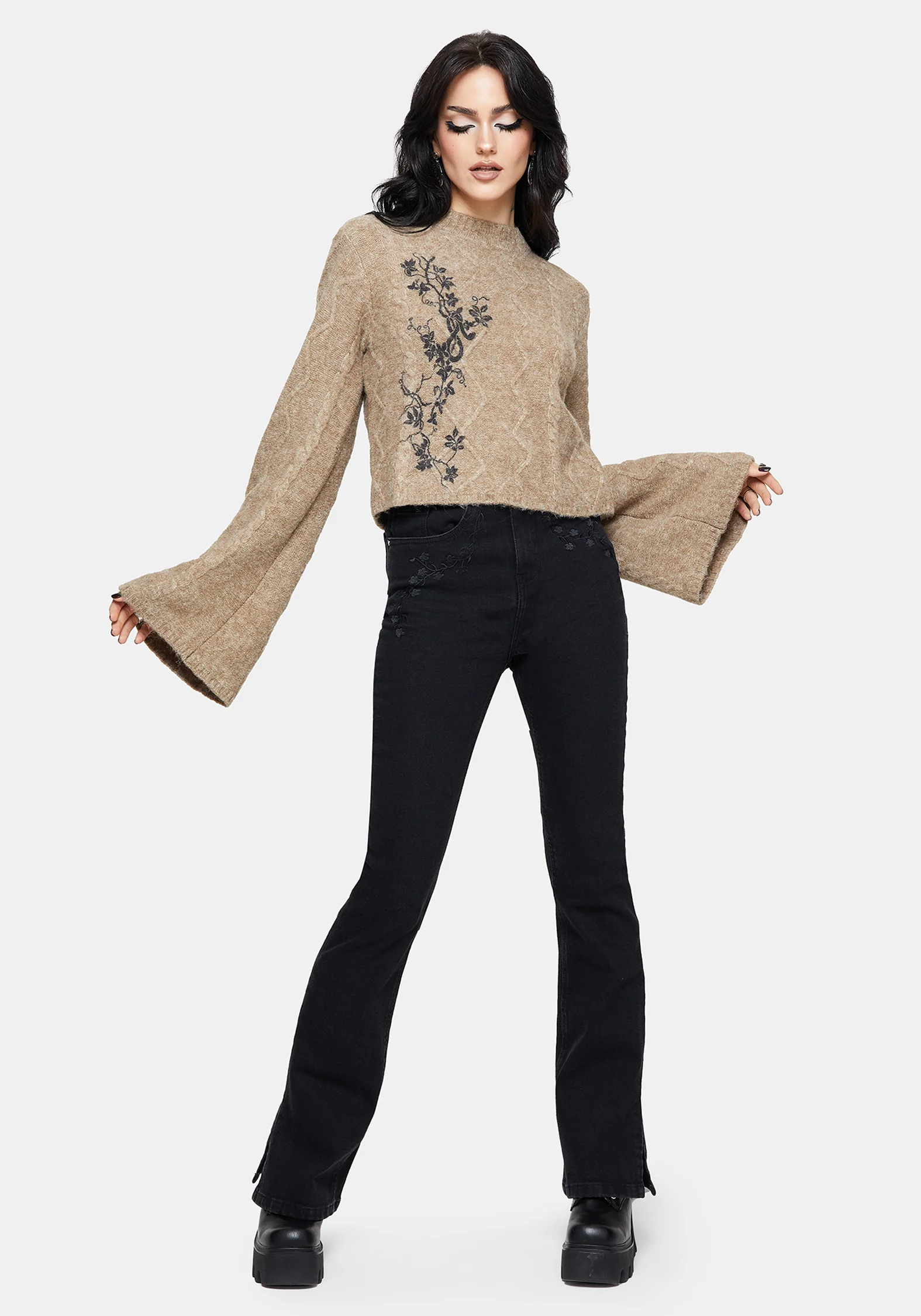 Ravelle Cotton Floral Printed Flare Cable Knit Jumper - Image 6