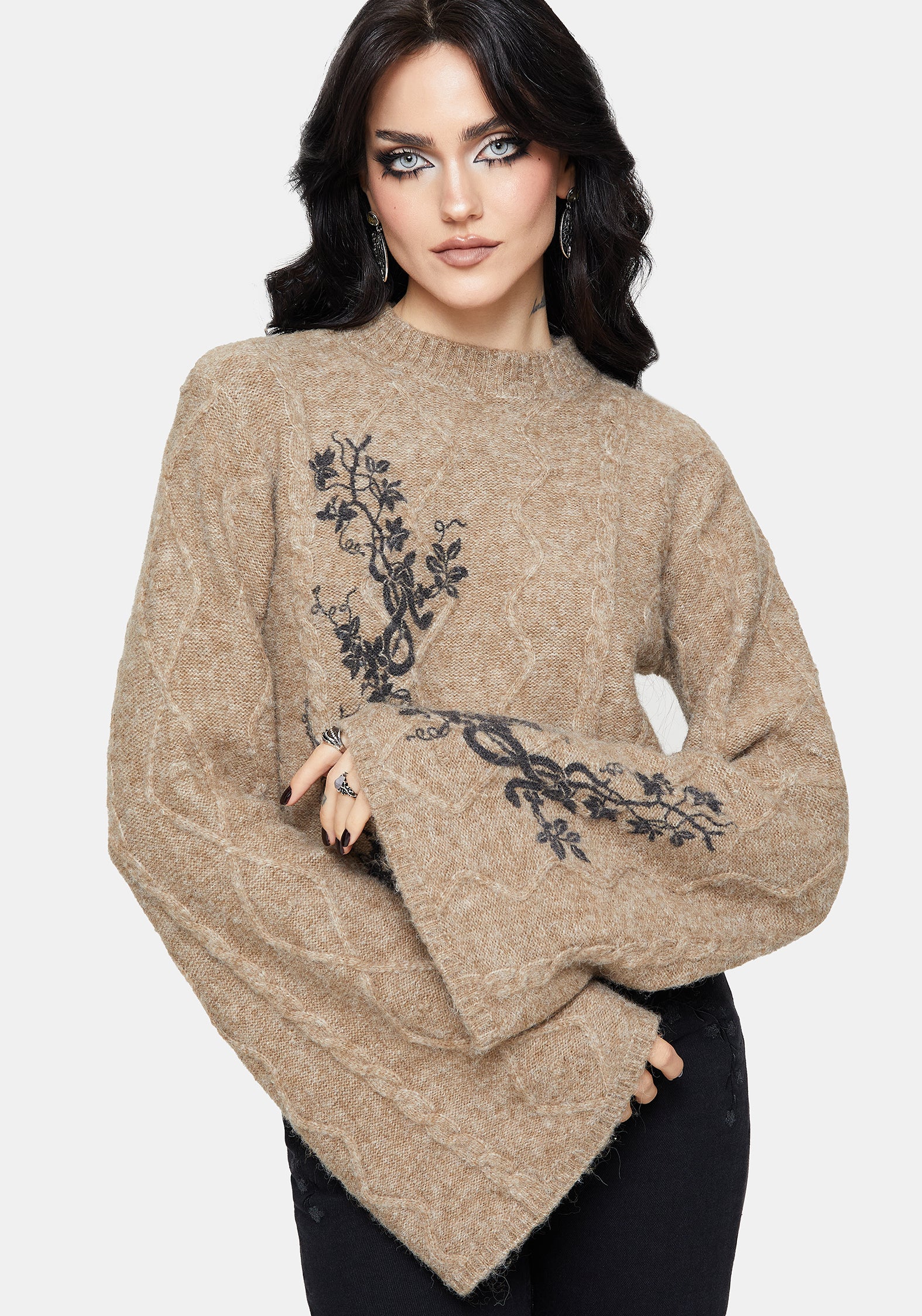 Ravelle Cotton Floral Printed Flare Cable Knit Jumper - Image 7