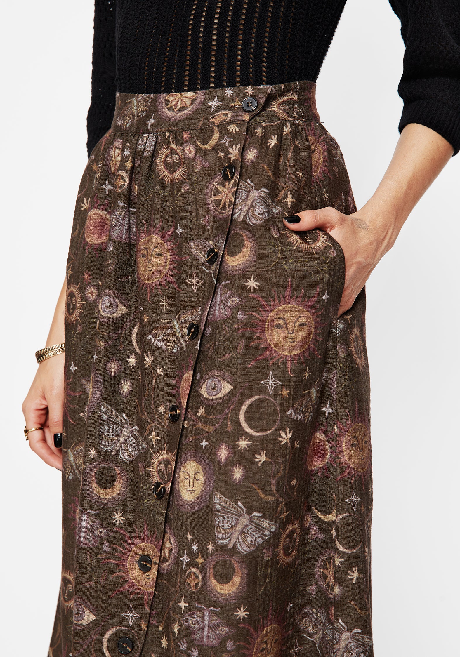 Rhea Cotton Blend Moth and Moon Print Midaxi Skirt - Image 2
