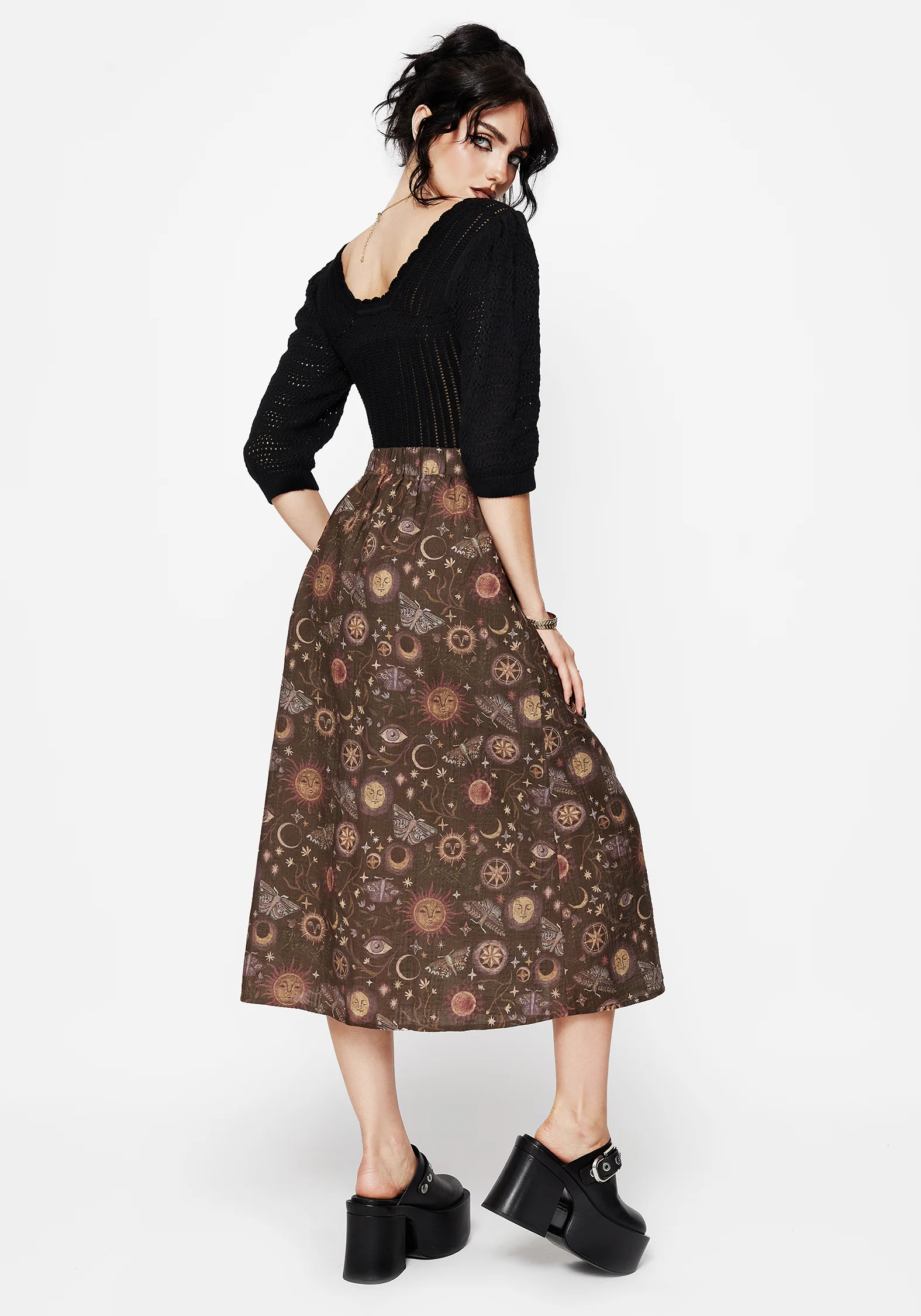 Rhea Cotton Blend Moth and Moon Print Midaxi Skirt - Image 3
