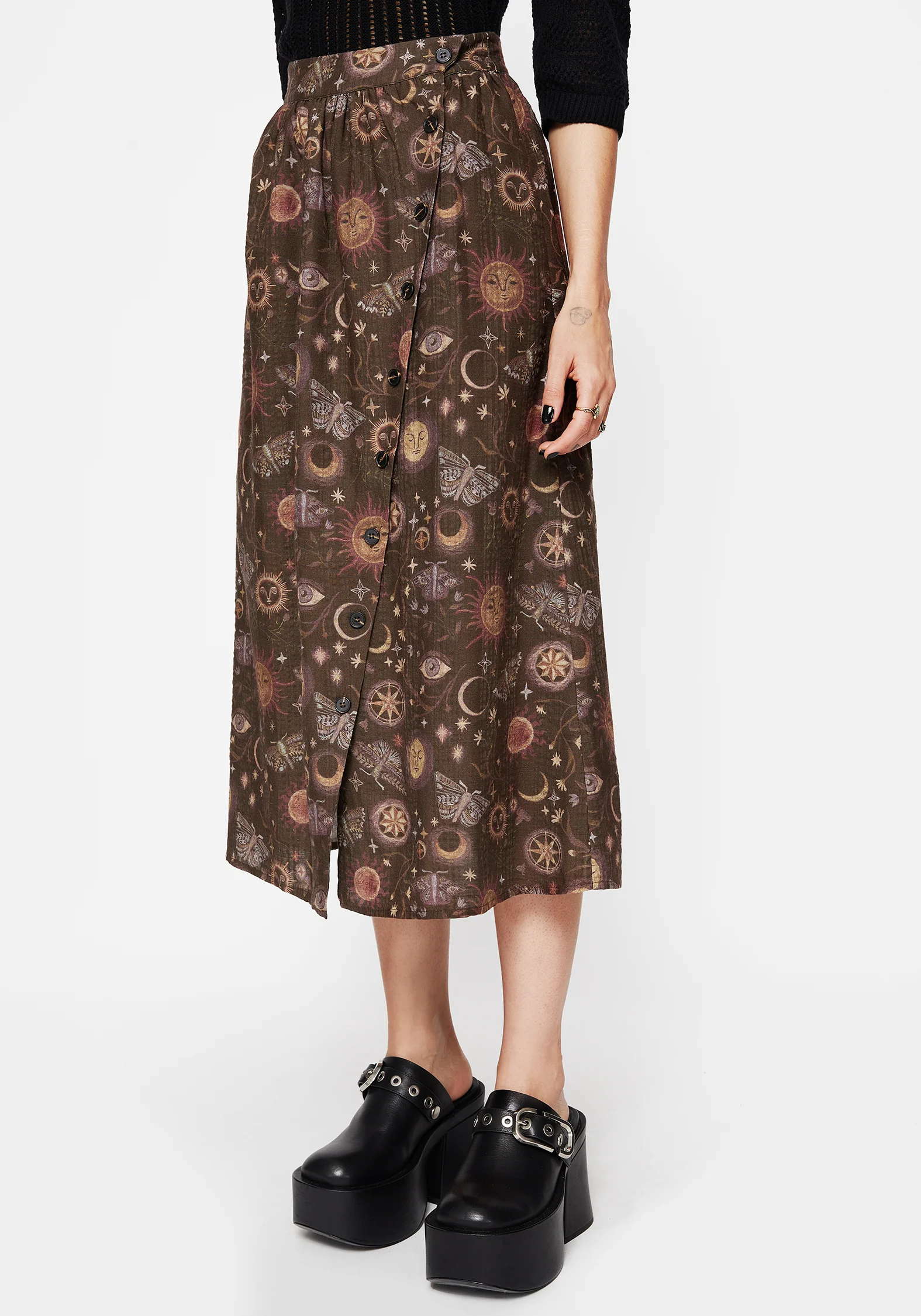 Rhea Cotton Blend Moth and Moon Print Midaxi Skirt - Image 4
