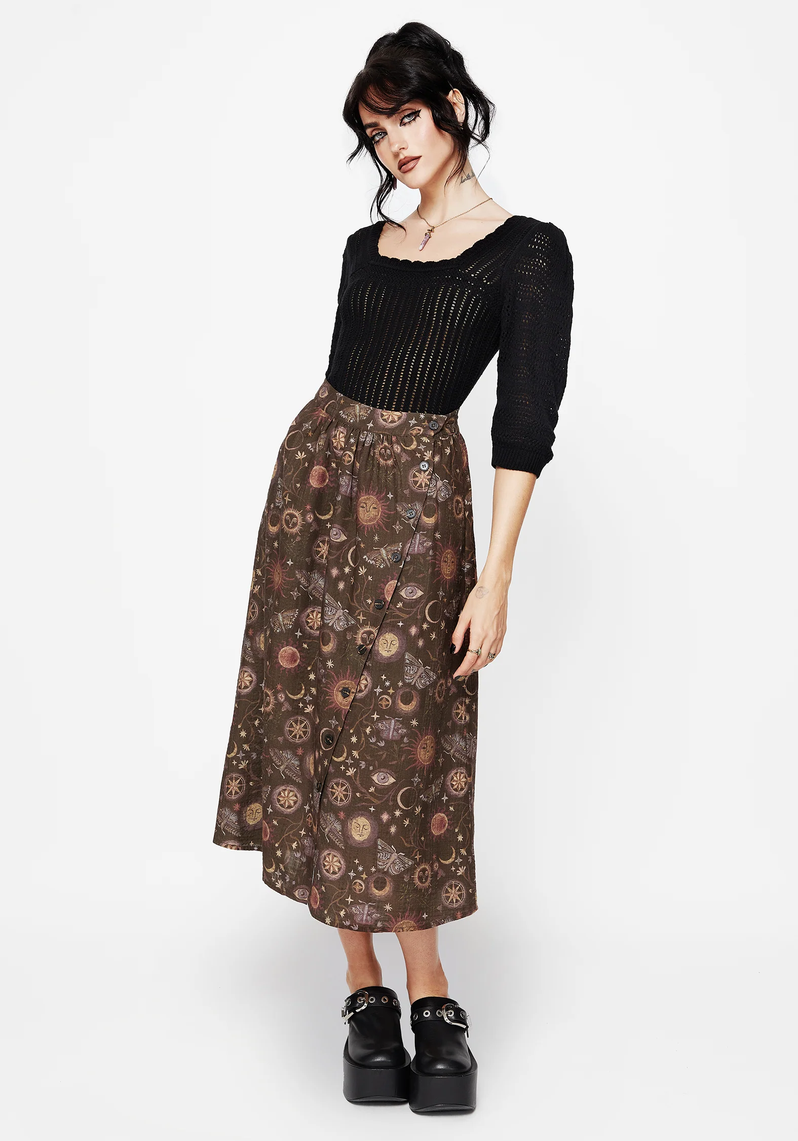 Rhea Cotton Blend Moth and Moon Print Midaxi Skirt - Image 6