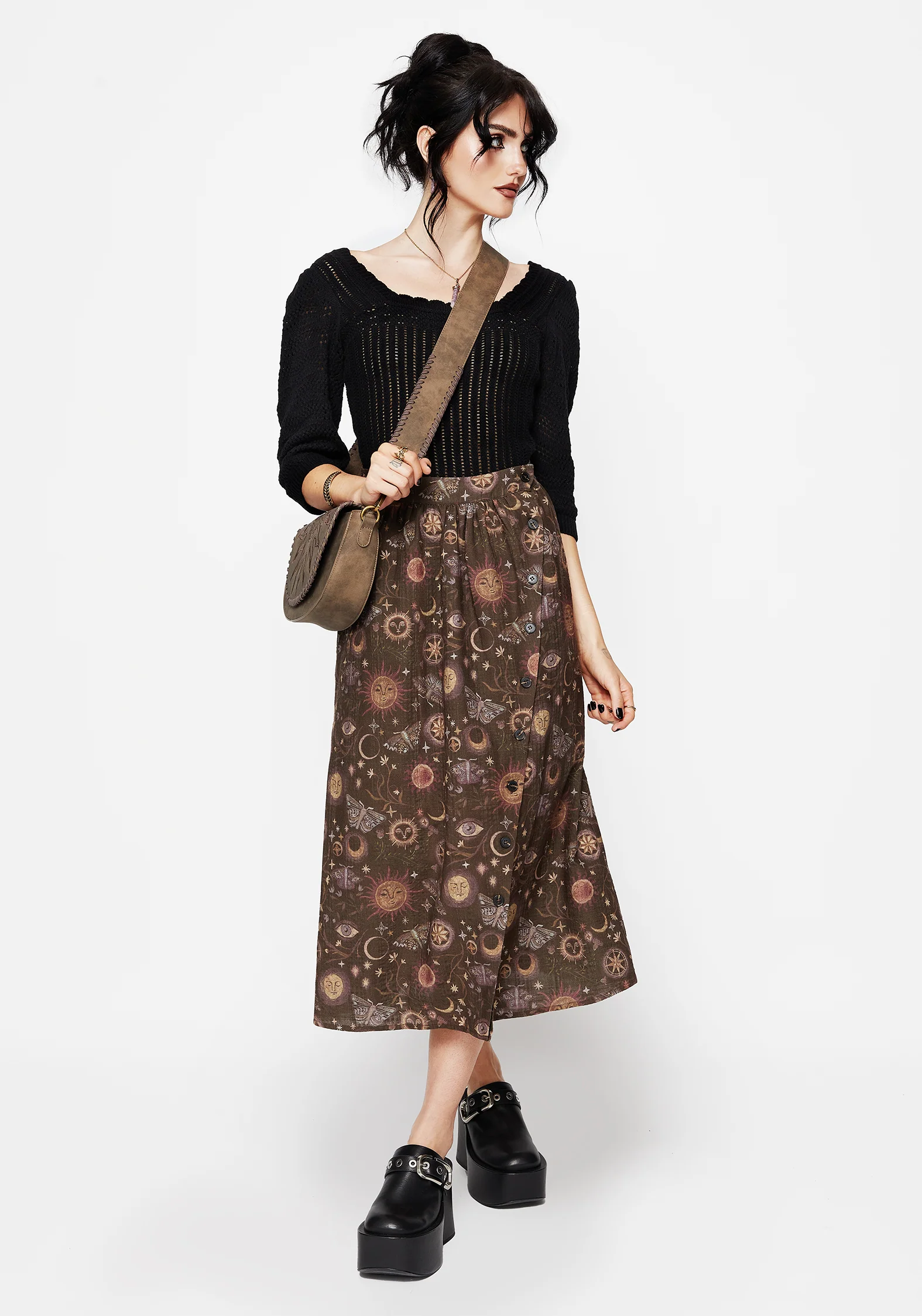 Rhea Cotton Blend Moth and Moon Print Midaxi Skirt - Image 7