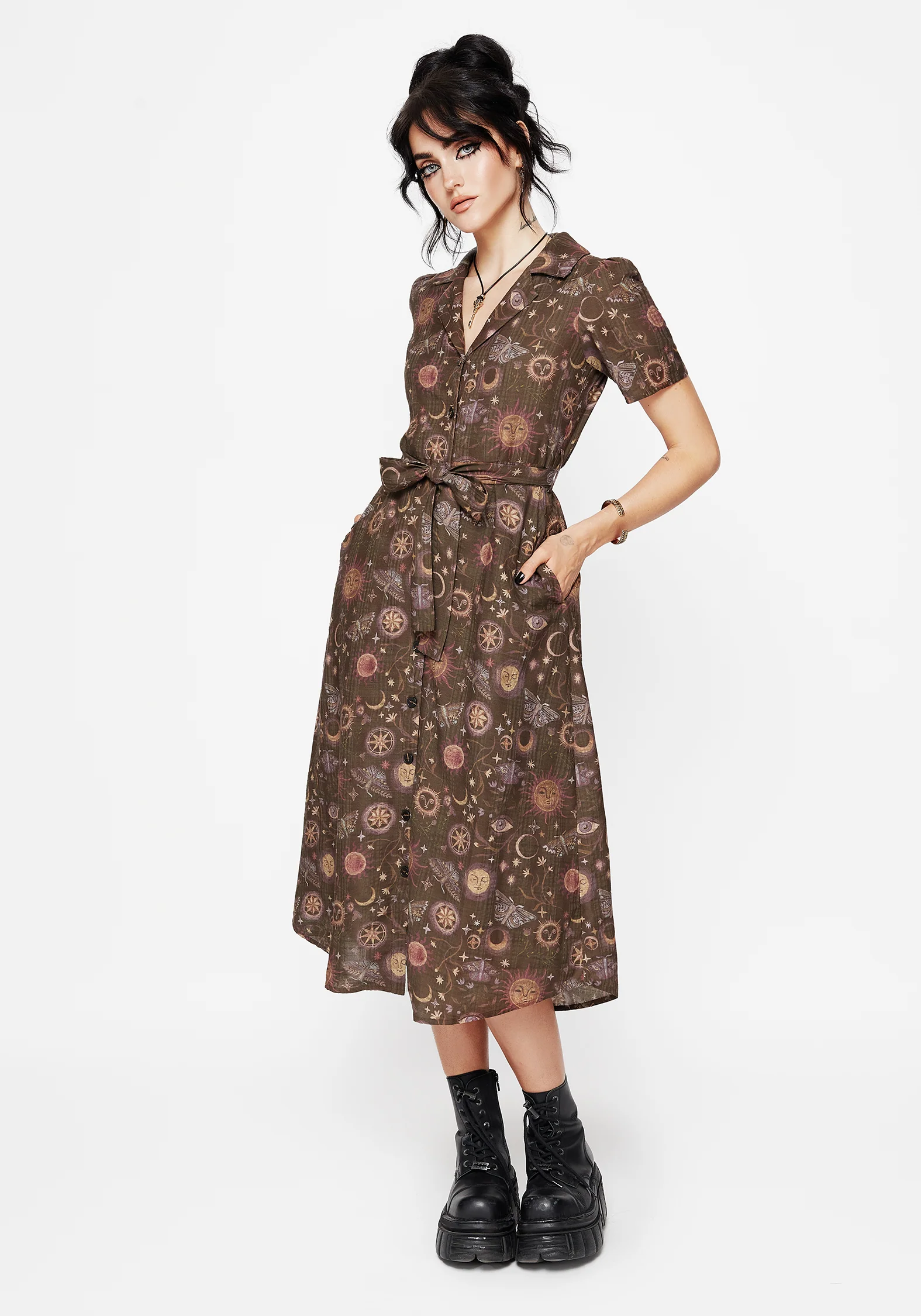 Rhea Cotton Blend Moth and Moon Print Midi Shirt Dress