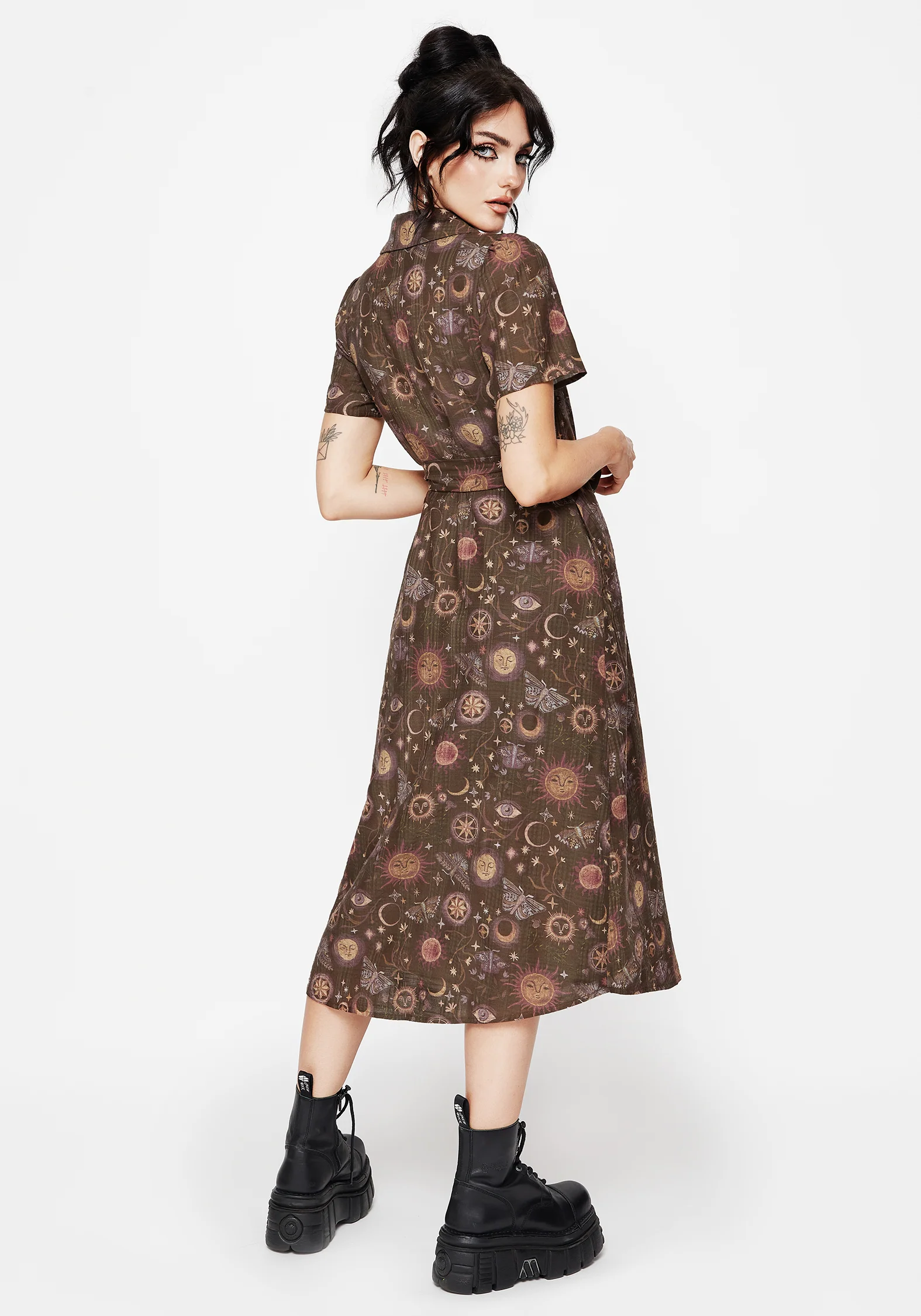 Rhea Cotton Blend Moth and Moon Print Midi Shirt Dress - Image 3