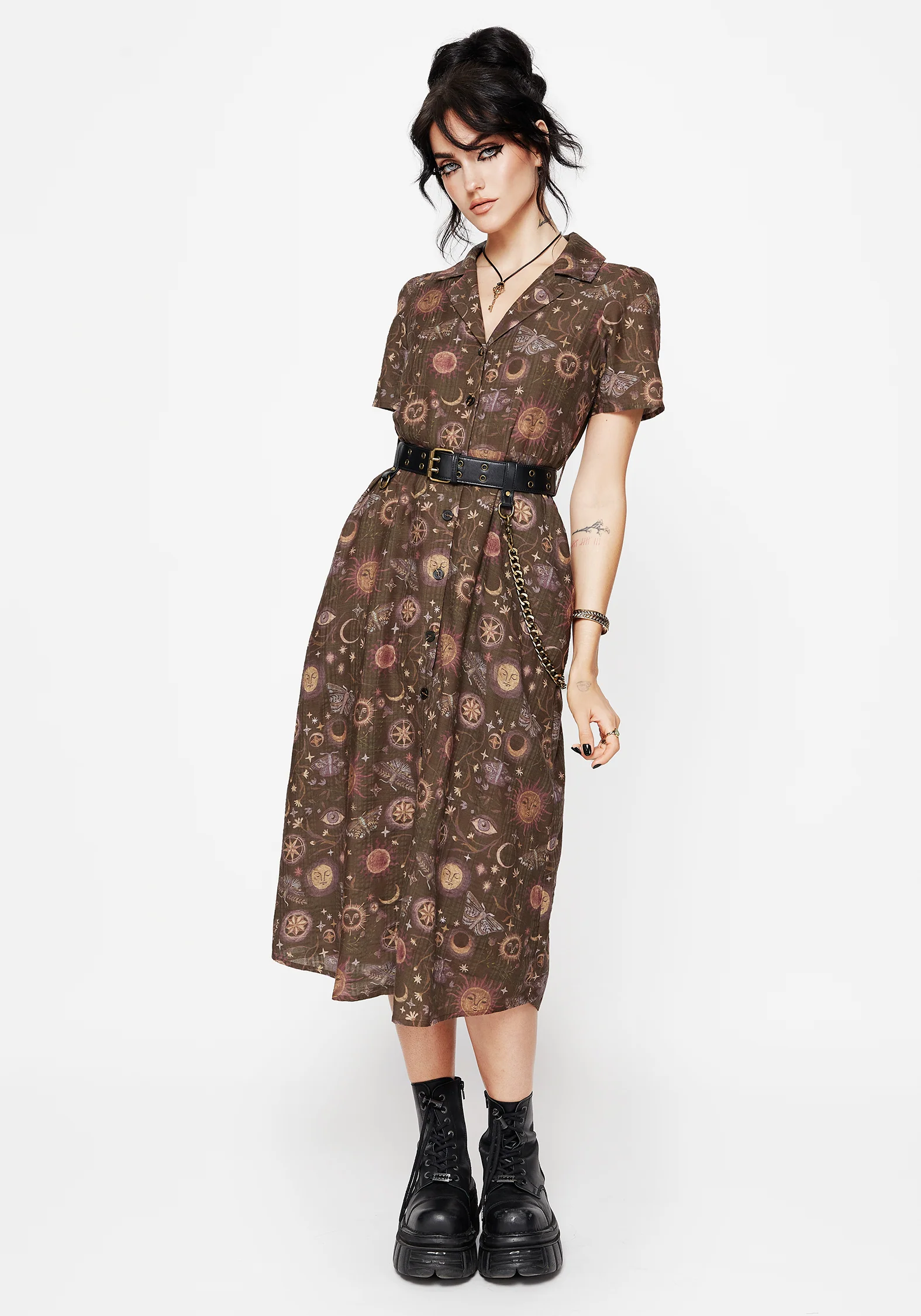 Rhea Cotton Blend Moth and Moon Print Midi Shirt Dress - Image 6