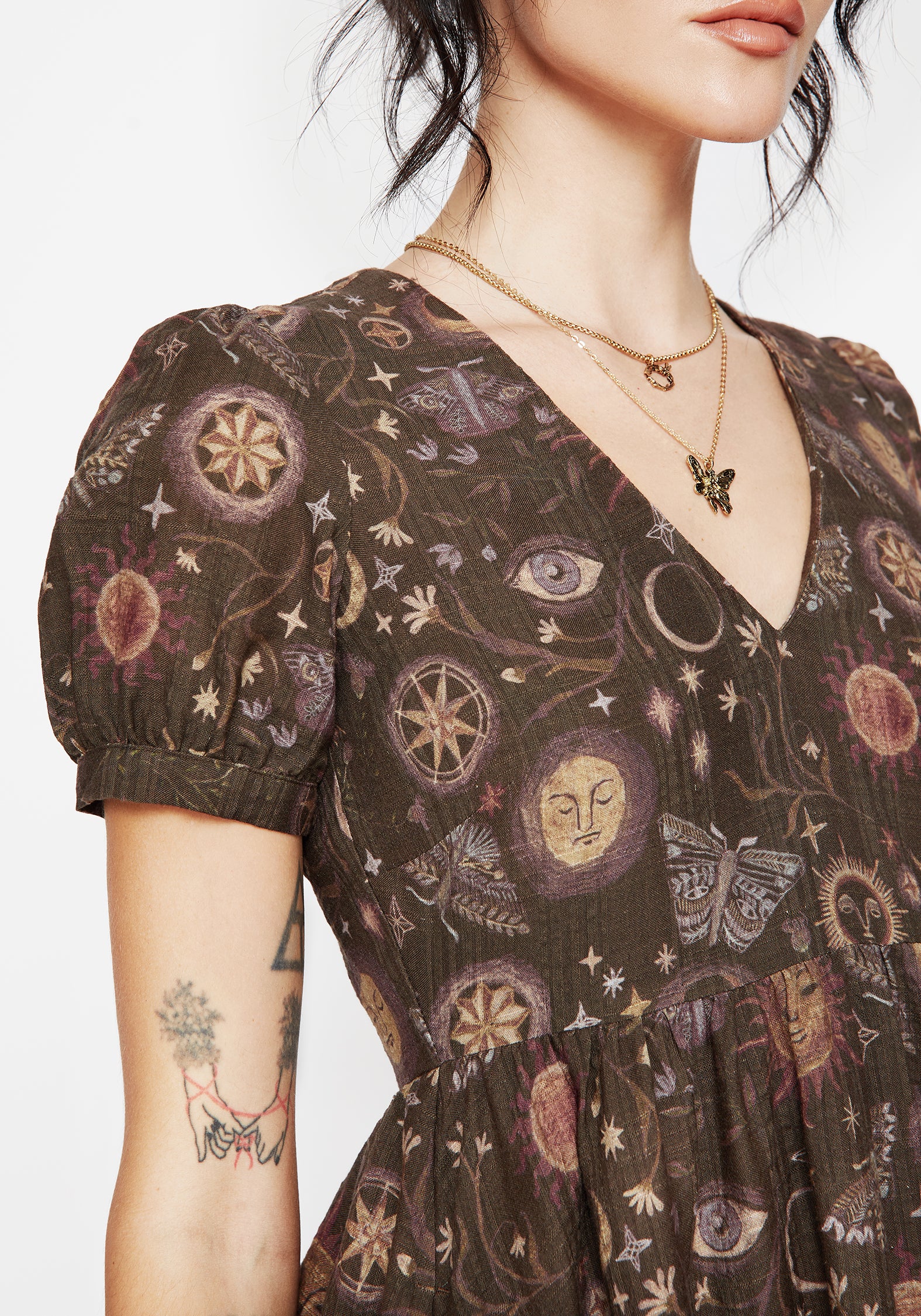 Rhea Cotton Blend Moth and Moon Print Mini Smock Dress - Image 2