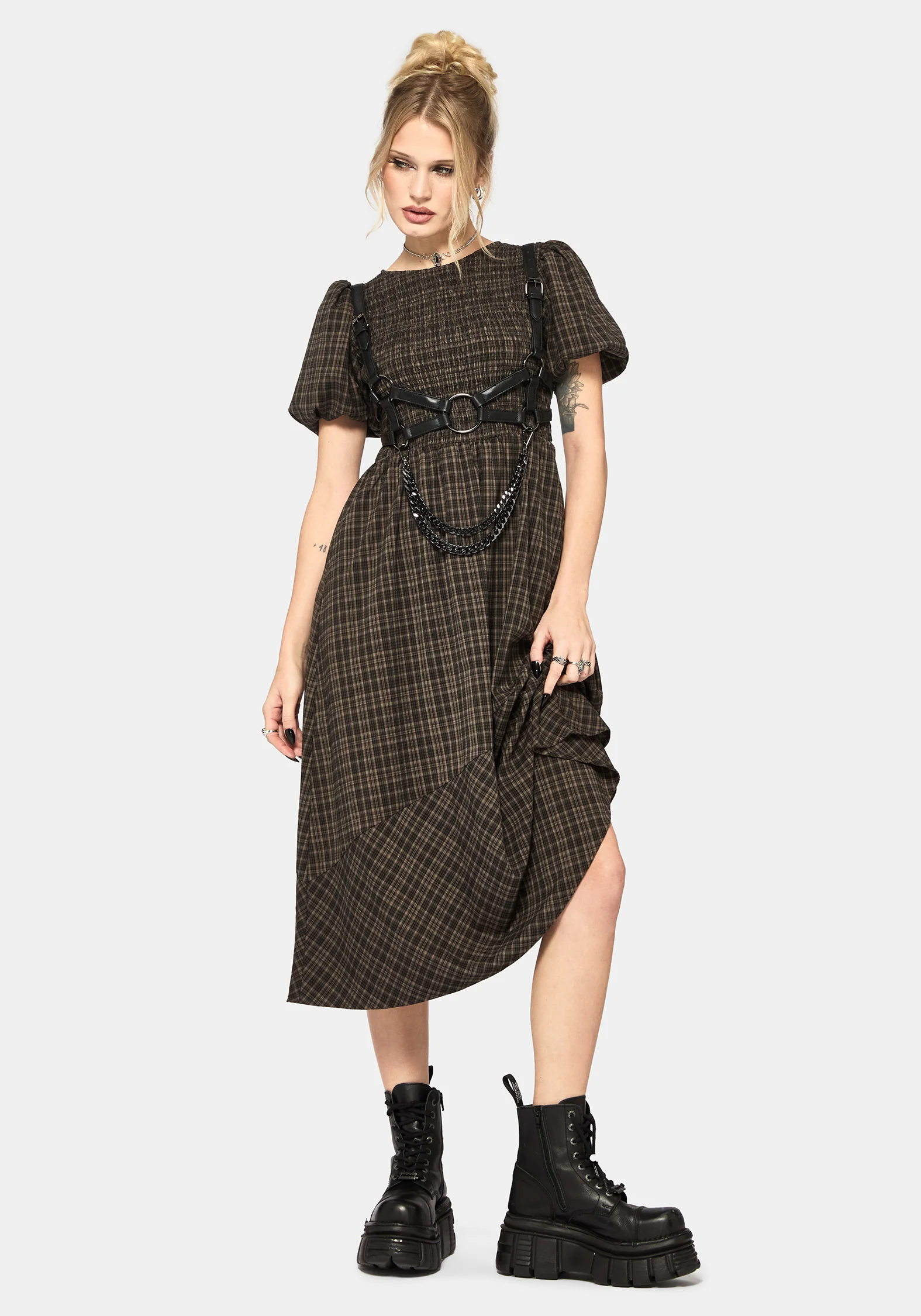 Rhiannon Check Shirred Bodice Midi Dress