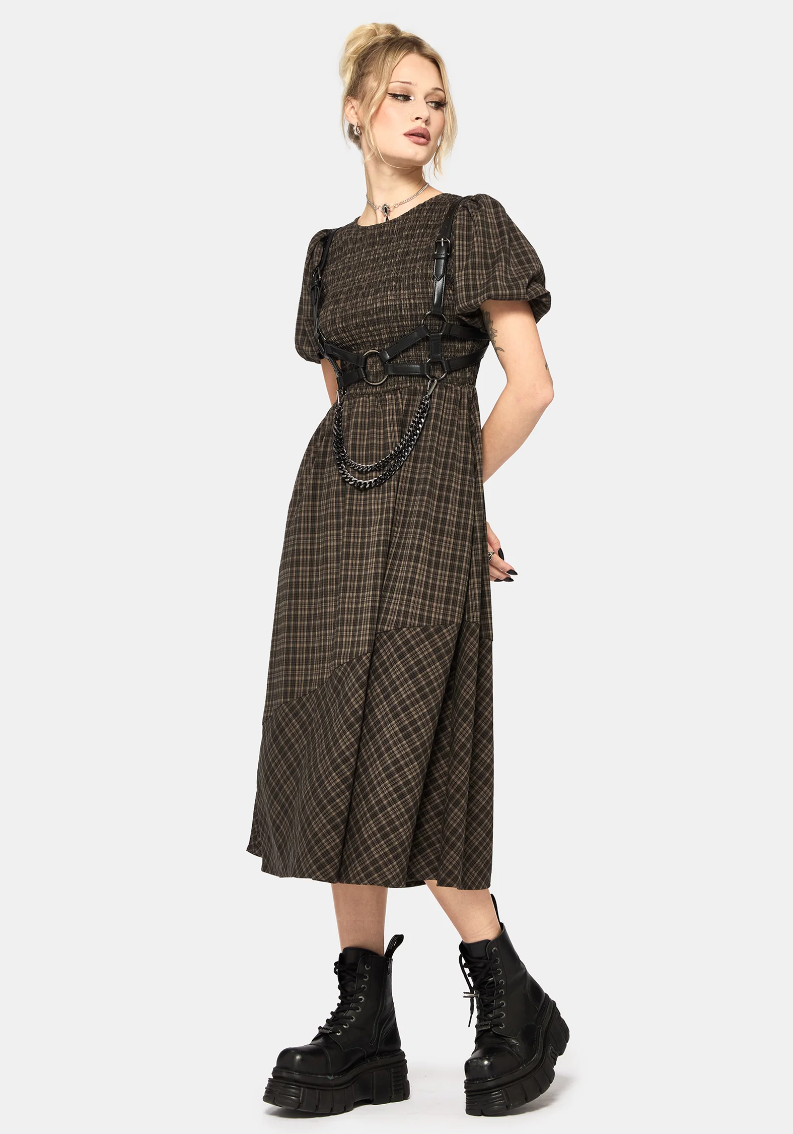 Rhiannon Check Shirred Bodice Midi Dress - Image 5
